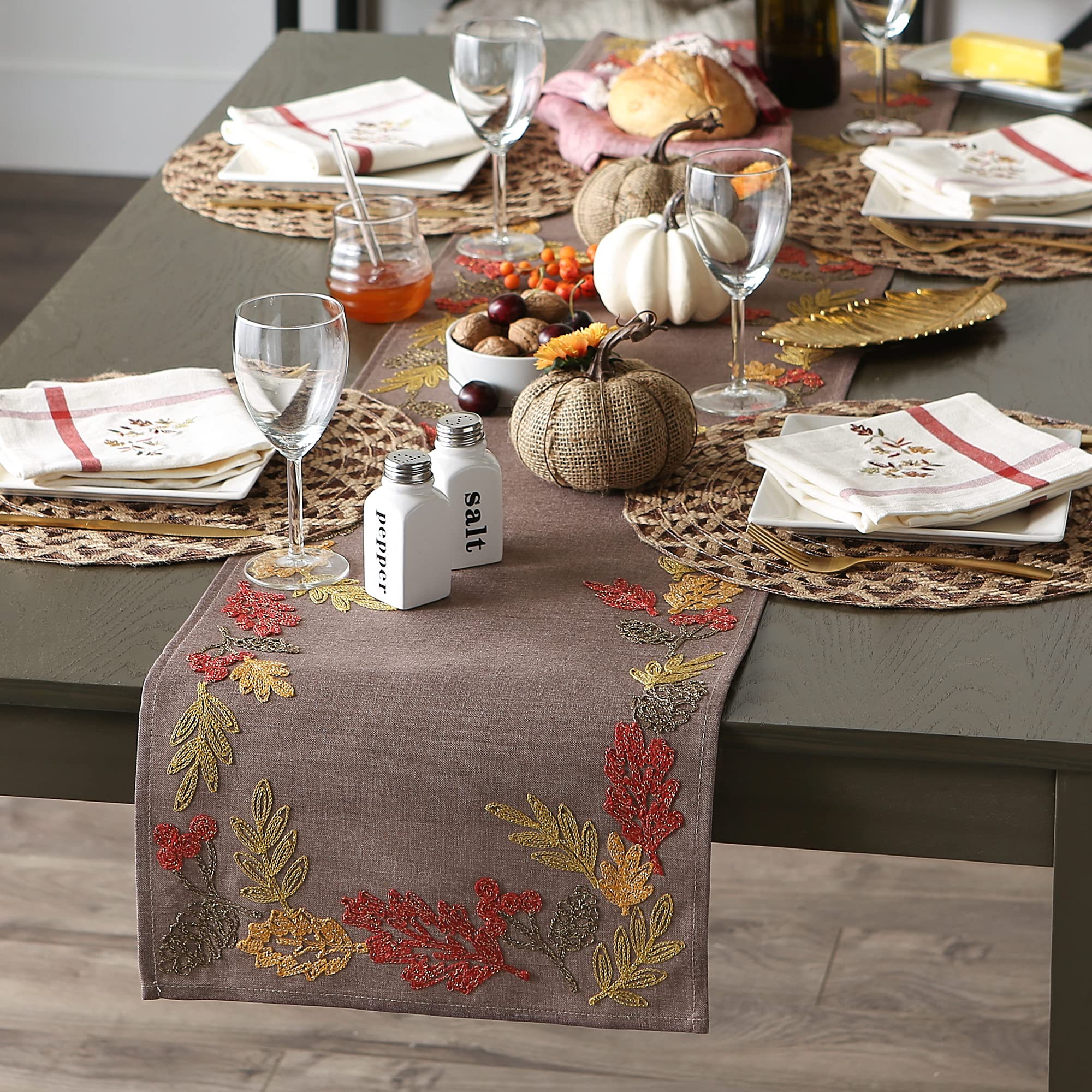 Dii Fall Table D  Cor Embroidered Tabletop For Thanksgiving Dining, Table Runner, 14X108, Shimmering Leaves