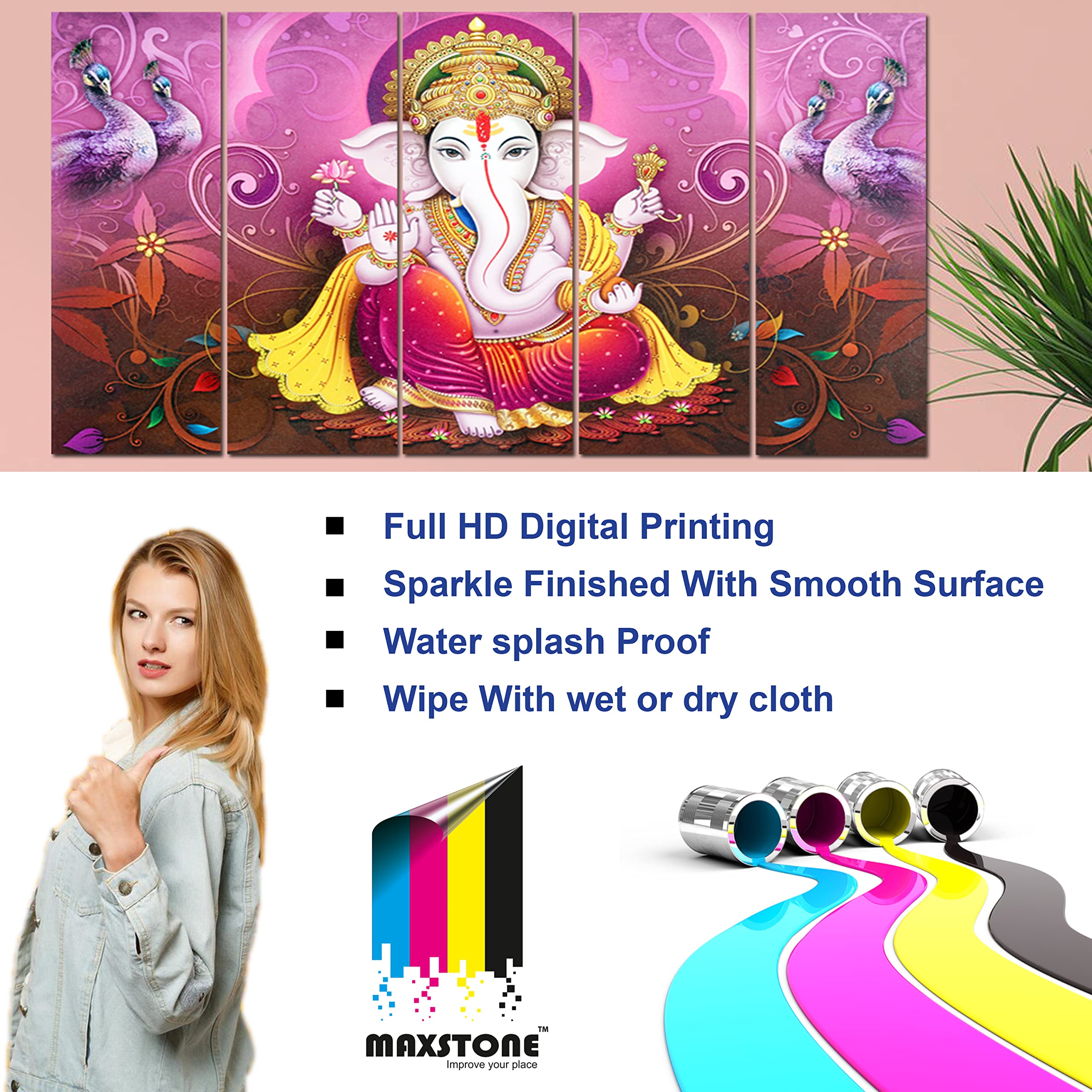 Maxstone Ganpati Wall Painting (50 x 30 Inches) Big Size Multiple Frames Wall Art for Living Room, Bedroom, Home, Office, Hotels