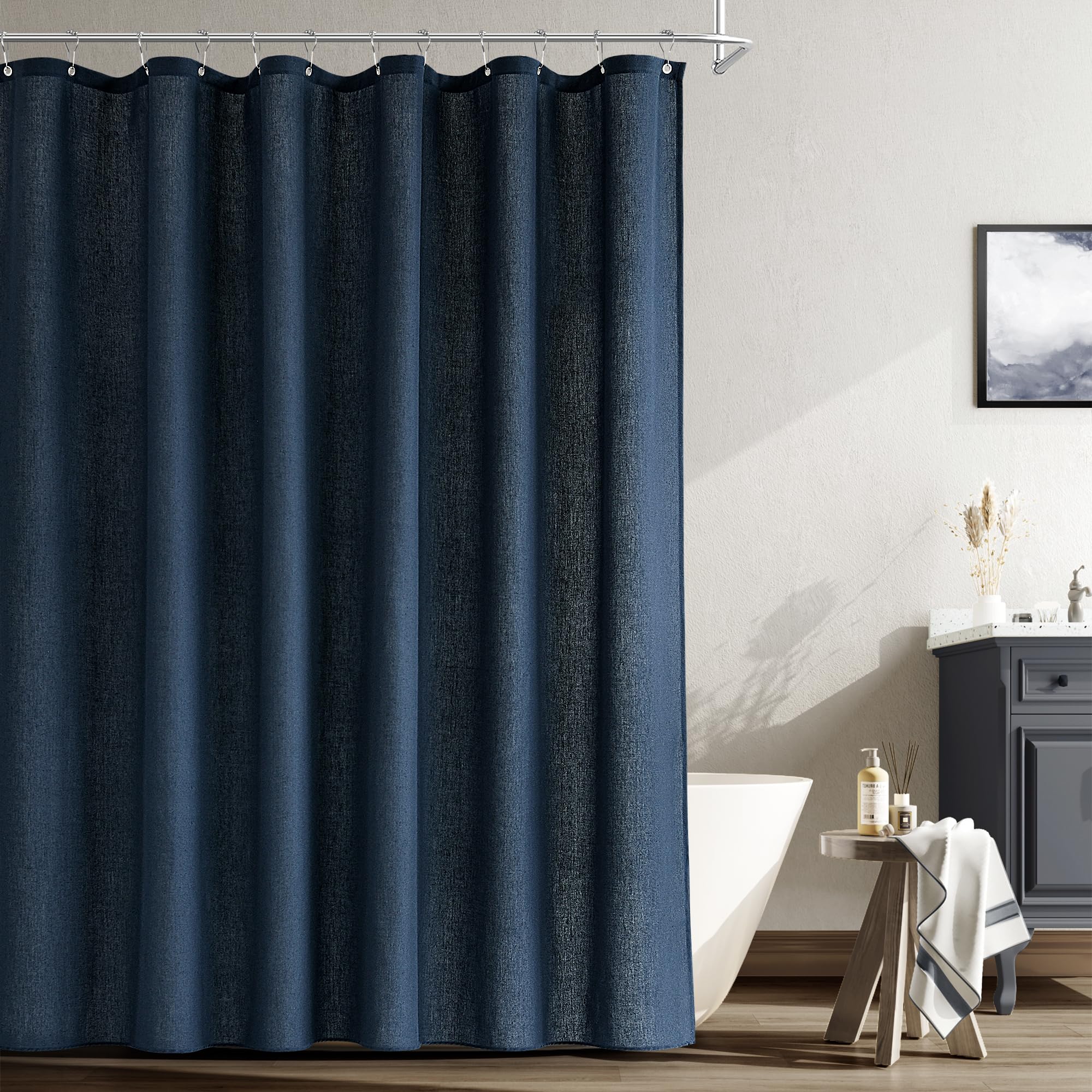 Naturoom Navy Blue Shower Curtain For Bathroom, Linen Textured Weighted Hem Cloth Shower Curtain Set With Hooks, Simple Hotel Lu