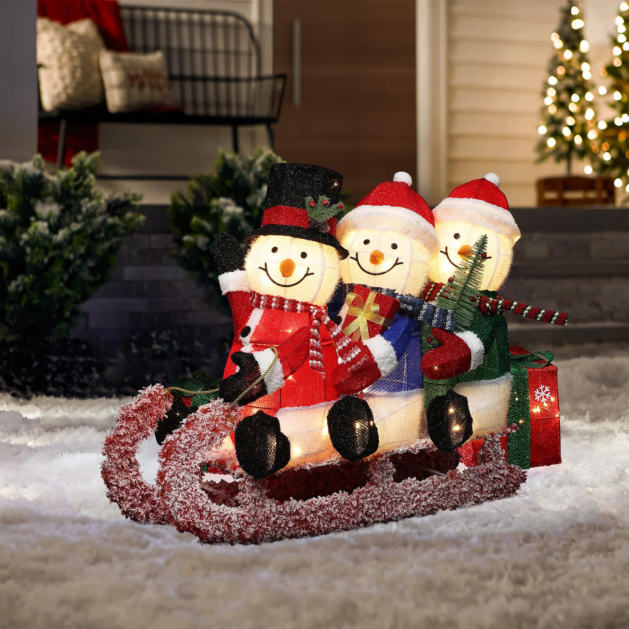 LuxenHome 20 H Lighted Snowman Outdoor Christmas Decorations, Prelit Frosted Snowman Family Trio on Sled Christmas Decor, Illumi
