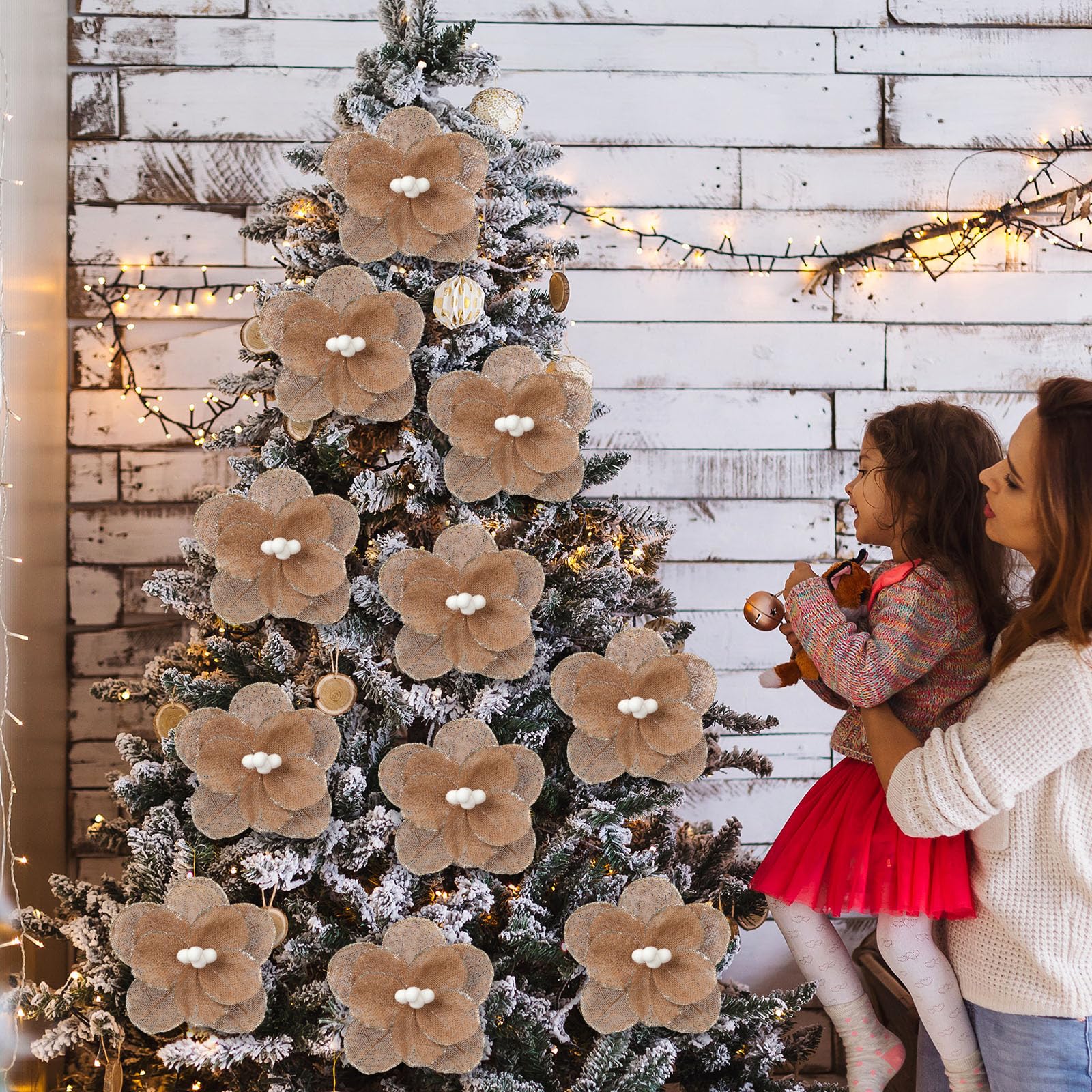 Soulchen 12 Pcs 12 Burlap Magnolia Christmas Poinsettia Flowers with Stems Artificial Rustic Magnolia Tree Ornaments Natural F