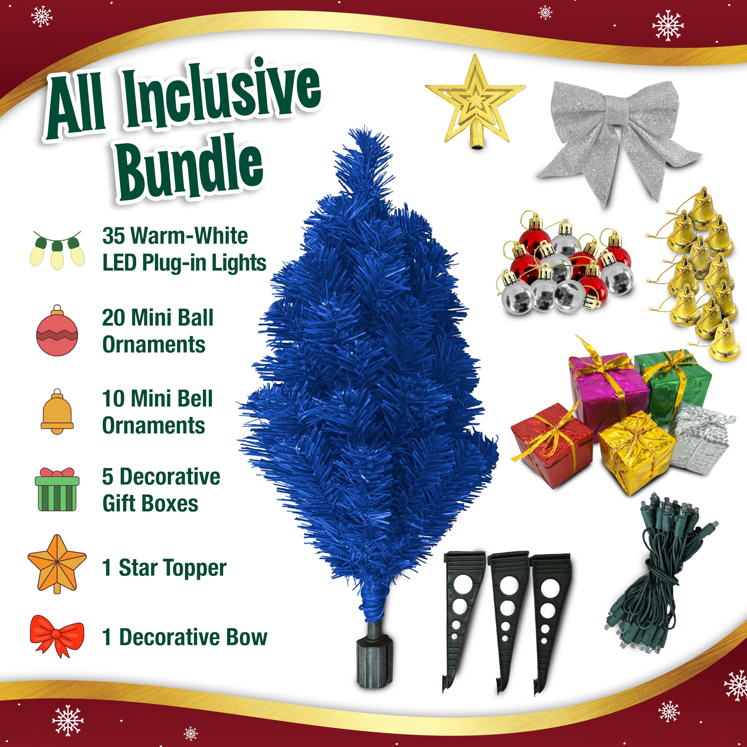 Small Blue Christmas Tree with Lights - 23 Inch Mini Tabletop Christmas Tree with Warm-White LED Lights, Hanging Ornaments, Deco