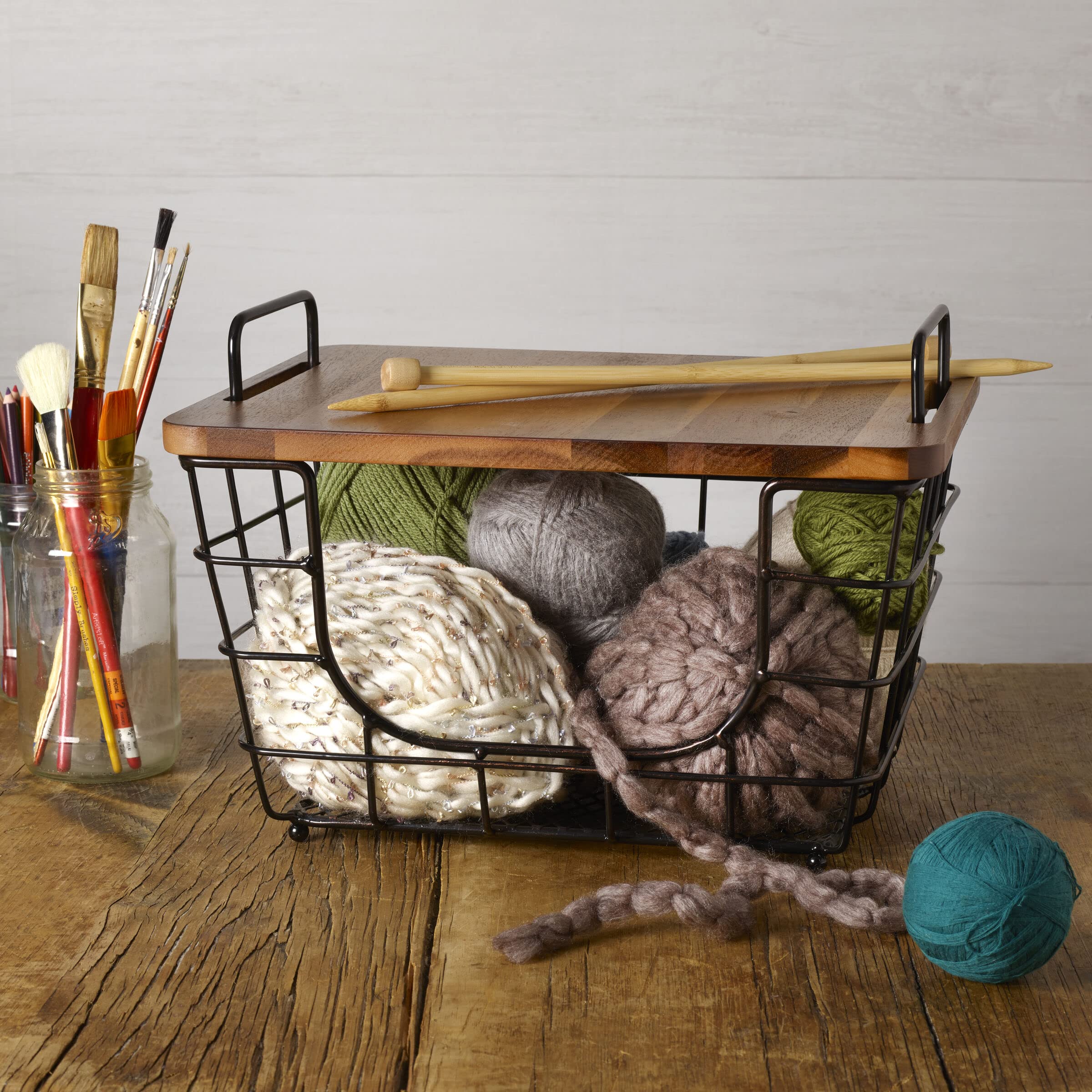 Gourmet Basics by Mikasa Madam Metal Stacking/Nesting Rectangular Basket with Acacia Lid  Antique Black