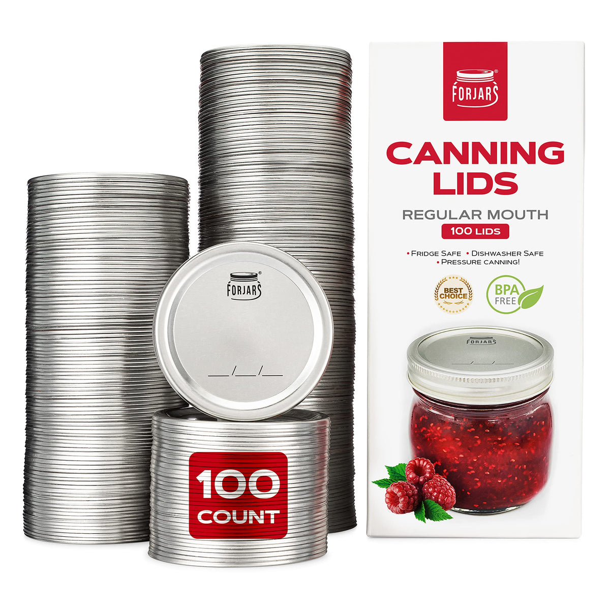 Forjars - Canning Lids Regular Mouth, 100-Pack - Create Airtight Seals On Mason Jars To Preserve Food For Meal Prep & Food Stora