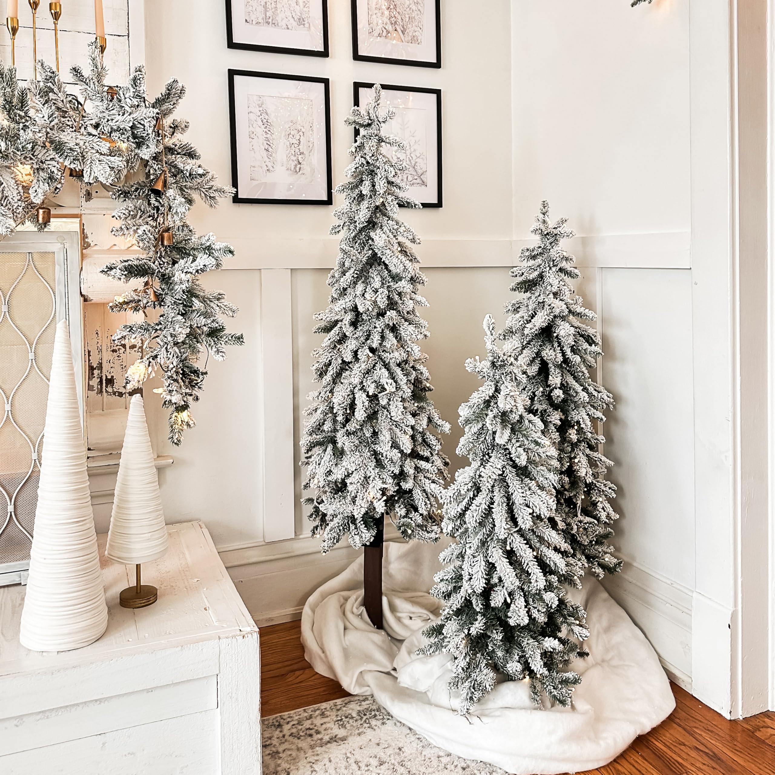 Haute Decor Lightly Flocked Artificial Alpine Tree with Real Wood Pole and Soft White Battery-Operated LED Lights with Timer (5-