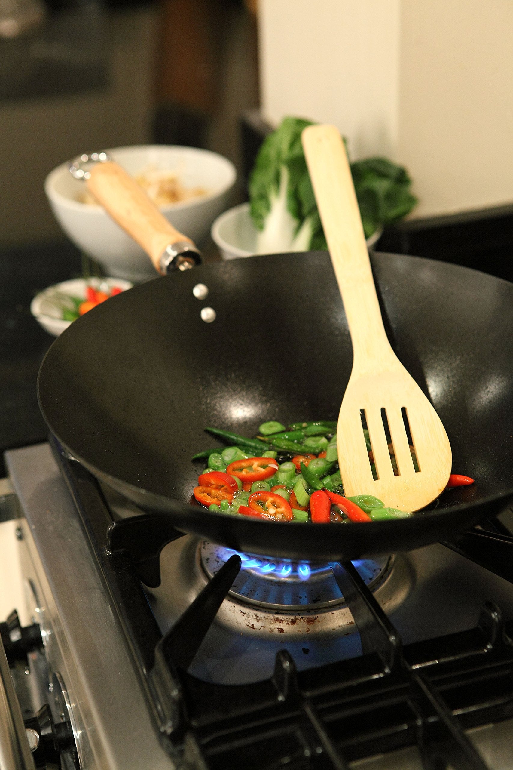 Dexam 12108412 Non-Stick Carbon Steel Wok With Wood Handle-12 (30Cm), 30Cm/12, Black