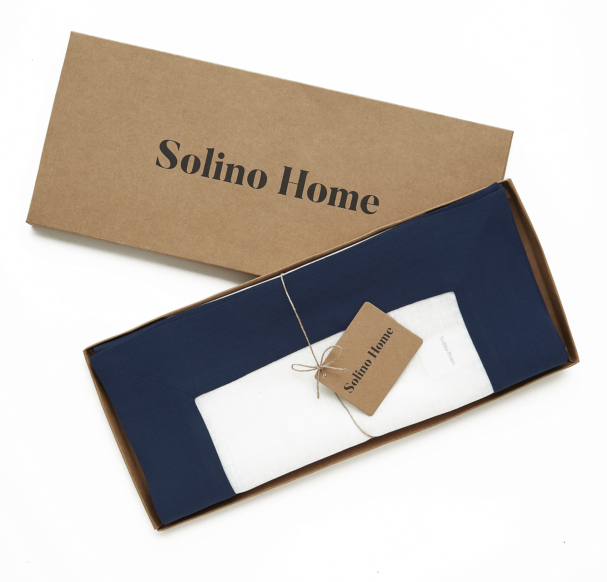 Solino Home Linen Table Runner Navy and White - 100% Pure Linen 14 x 108 Inch Table Runner for Spring  Summer  Memorial Day - Handcrafted from European Flax and Machine Washable - Contempo