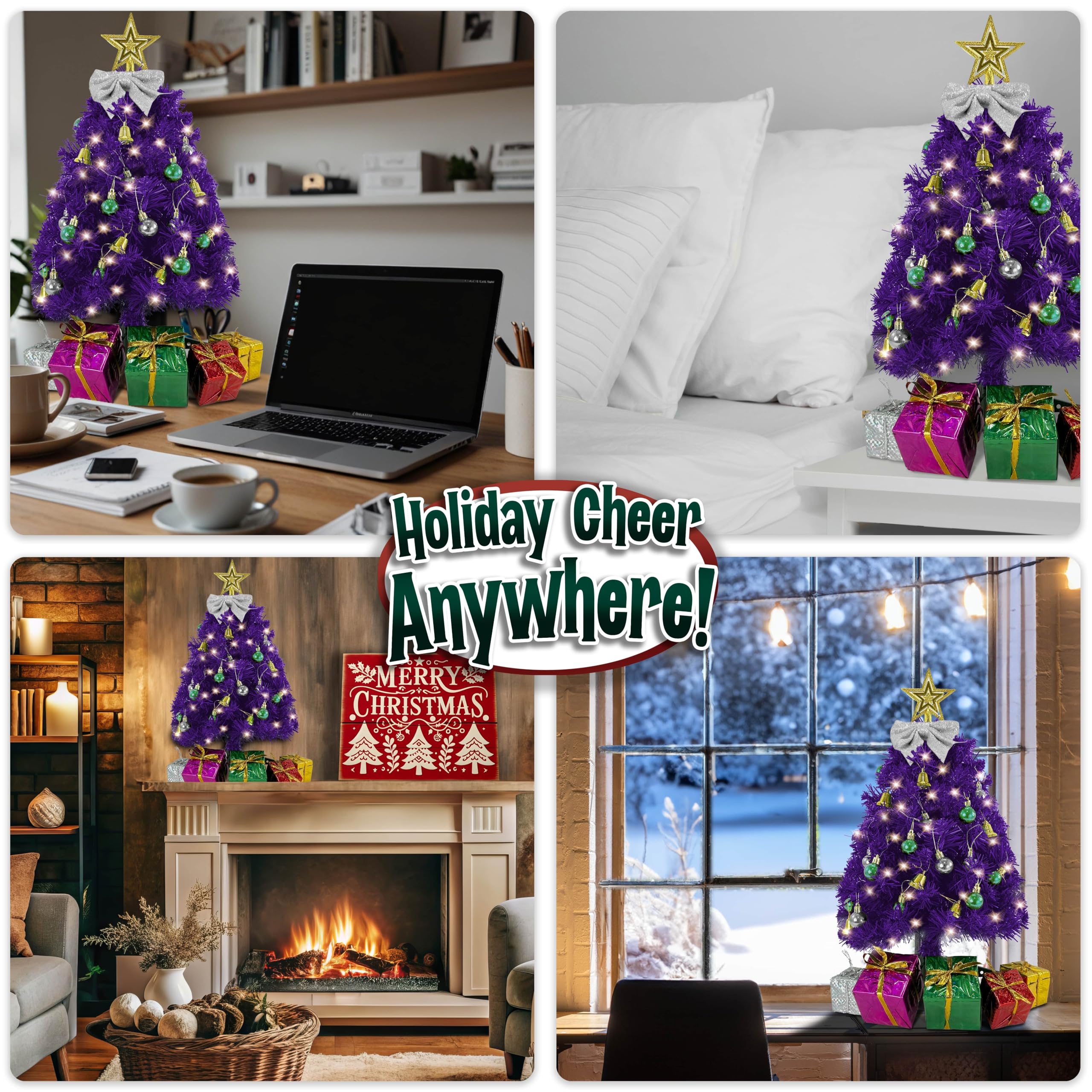 Small Purple Christmas Tree with Lights - 23 Inch Mini Tabletop Christmas Tree with Warm-White LED Lights, Hanging Ornaments, De