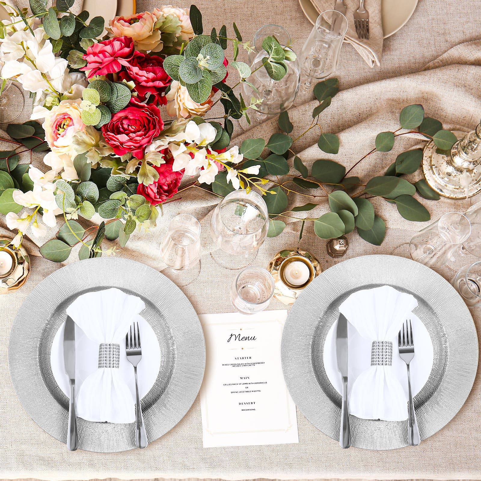 Tanlade 100 Pcs Silver Charger Plates Bulk, 13 Round Plastic Dinner Charger Plate, Shiny Silver Table Chargers Serving Plate Cat