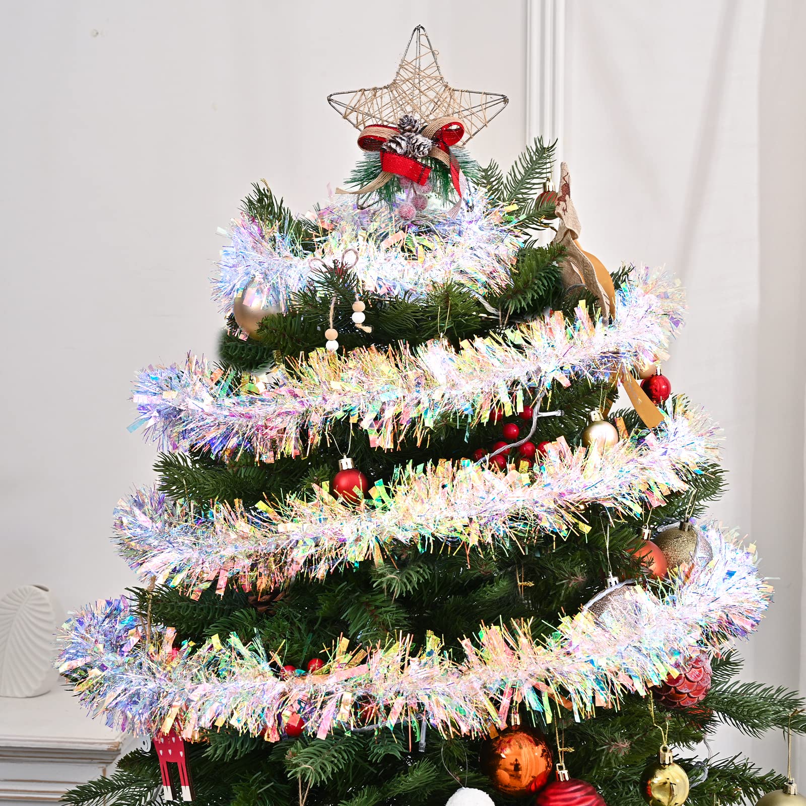 20ft/6m Christmas Tinsel Garland Iridescent Metallic Hanging Garland for Christmas Tree Fireplace Mantle Home Decoration