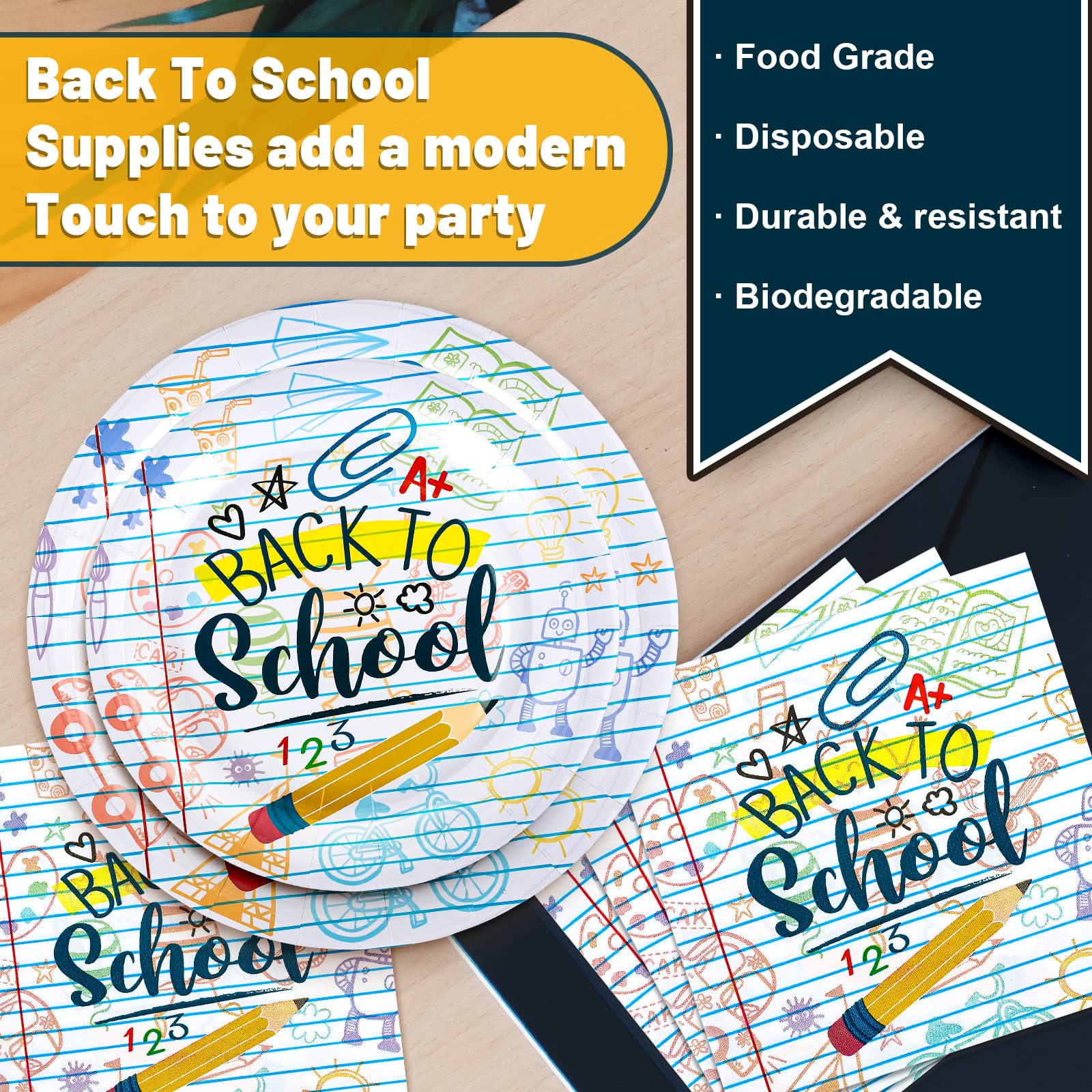 Whaline Back To School Tableware Set Homework Pencil Prints School Season Disposable Dinnerware Set 50Pcs Paper Plates 25Pcs Lun