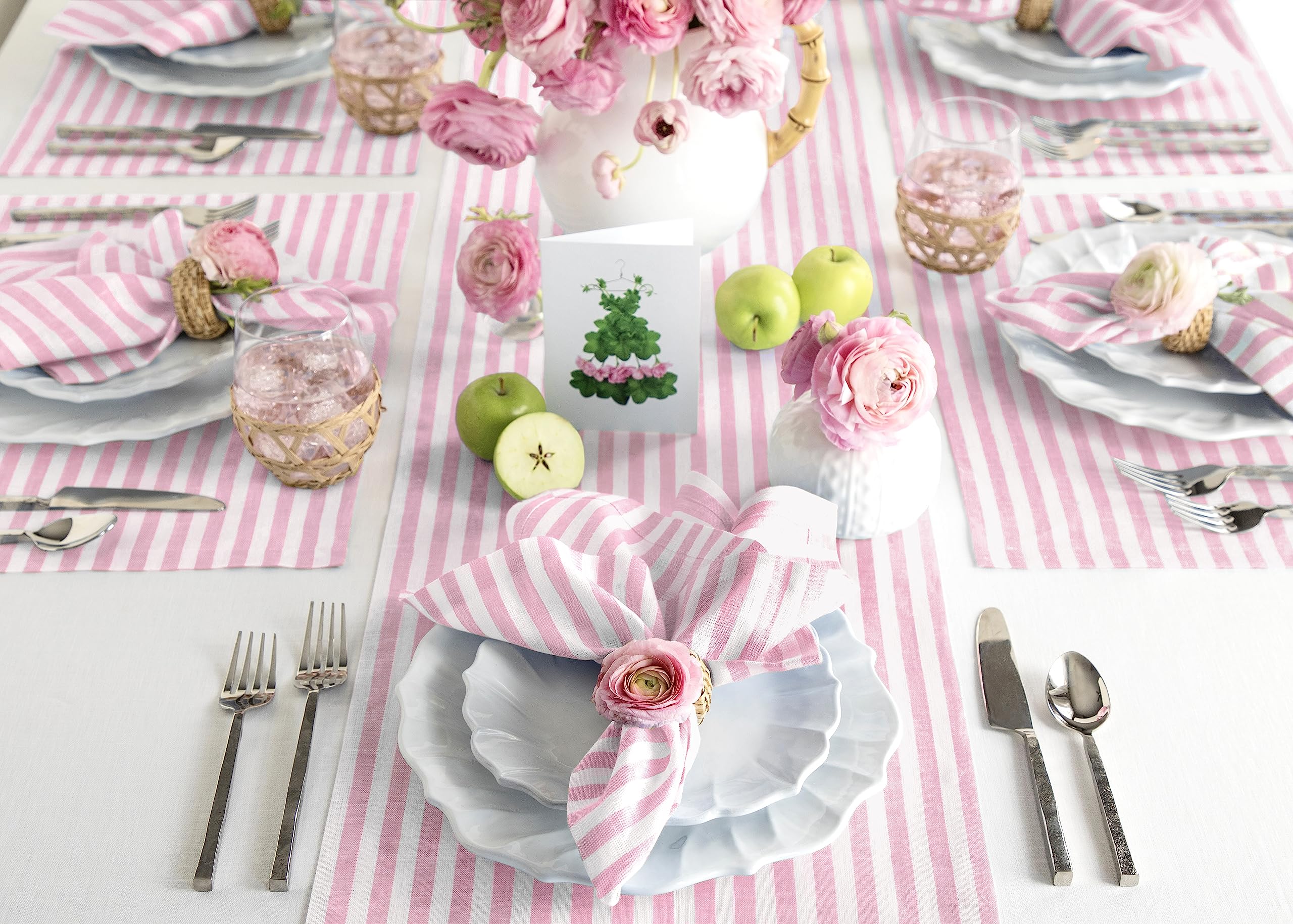 Solino Home Stripe Linen Table Runner 72 Inches Long - 100% Pure Linen Cherry Blossom And White Dining Table Runner 14 X 72 Inch