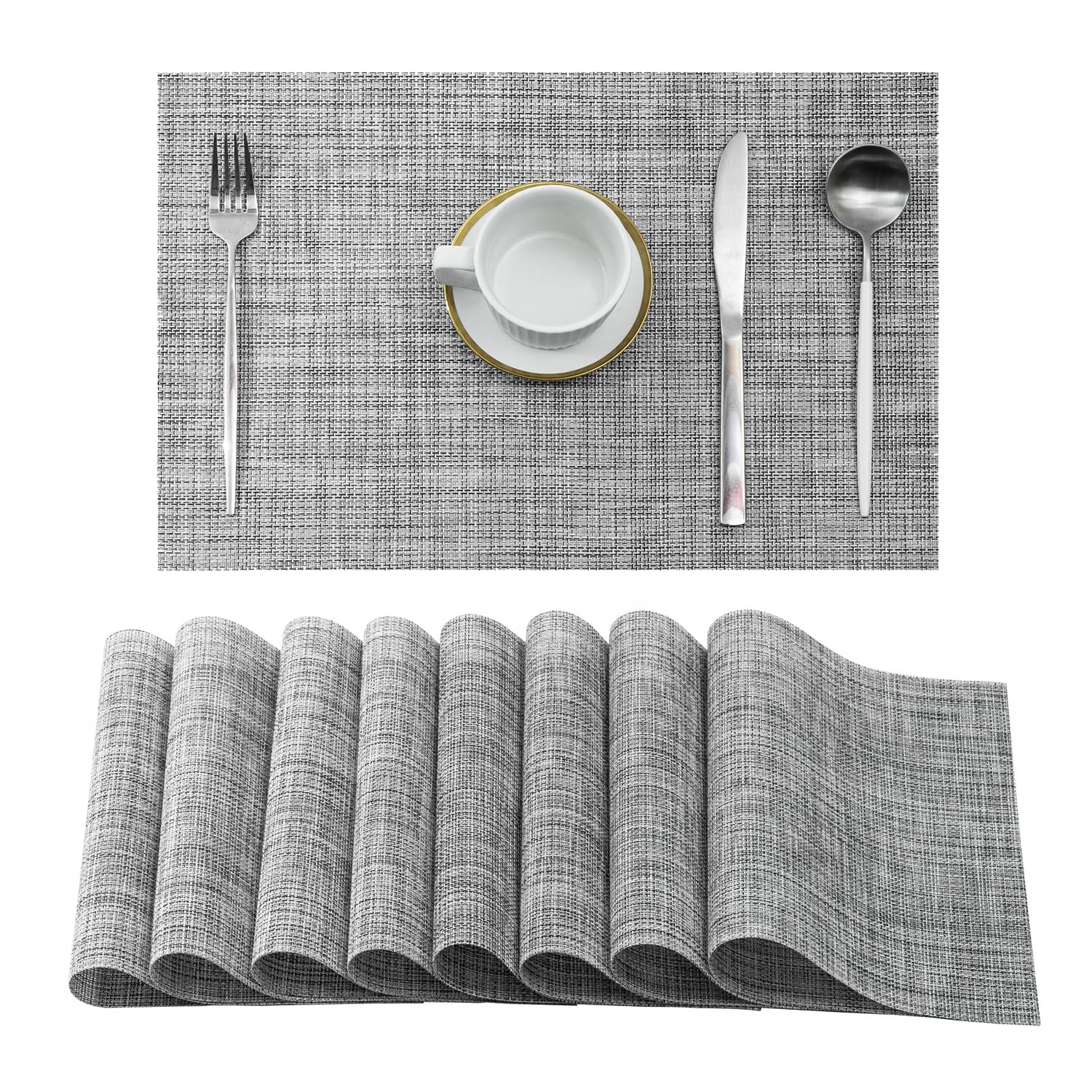 Leetaltree Linen Grey Placemats Set Of 8 - Heat Resistant Non-Slip Place Mats For Dining Table, Washable Durable Pvc Vinyl Woven