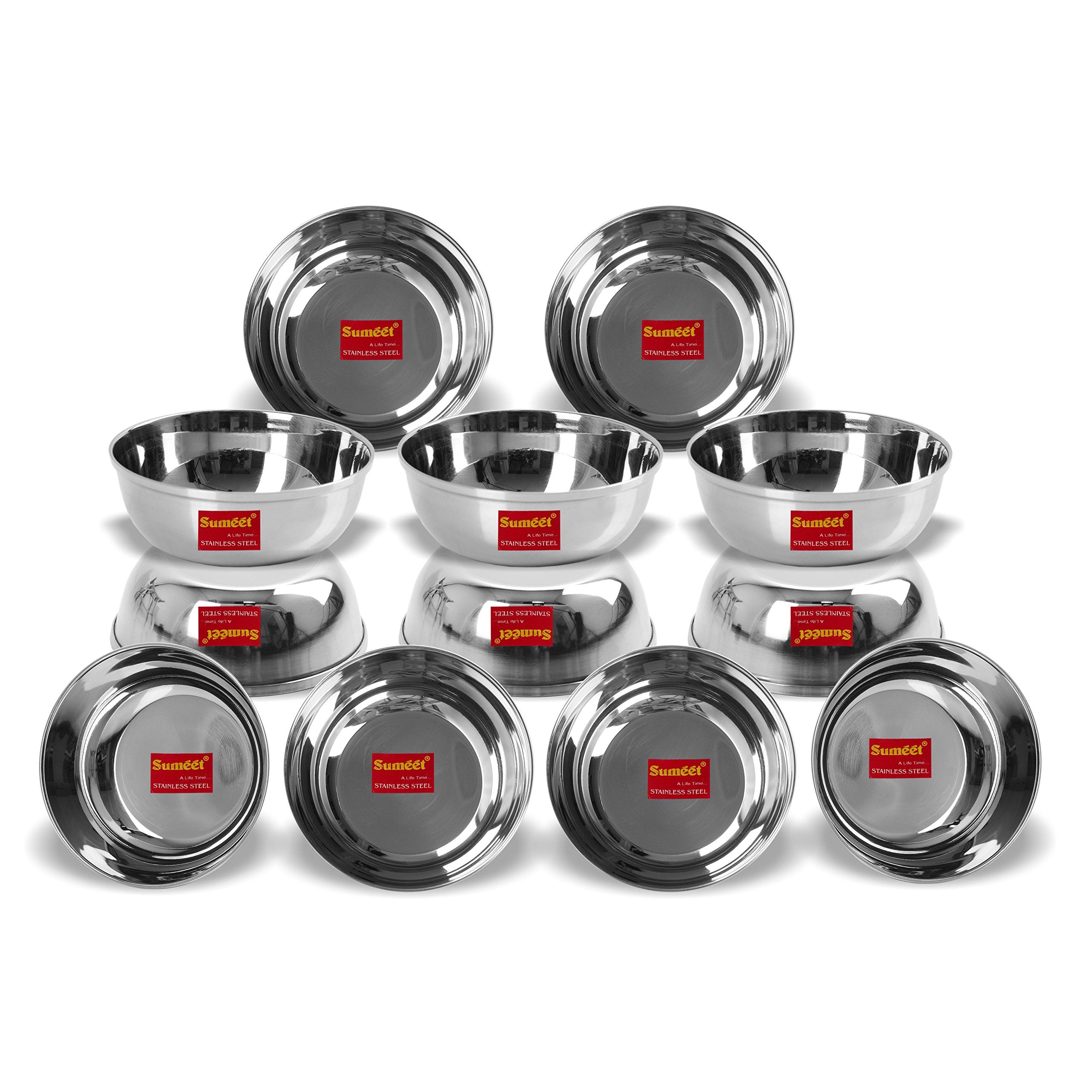 Sumeet Stainless Steel Heavy Gauge Bowl Wati set with Mirror Finish 12cm Dia (350 Ml) - Set of 12pcs