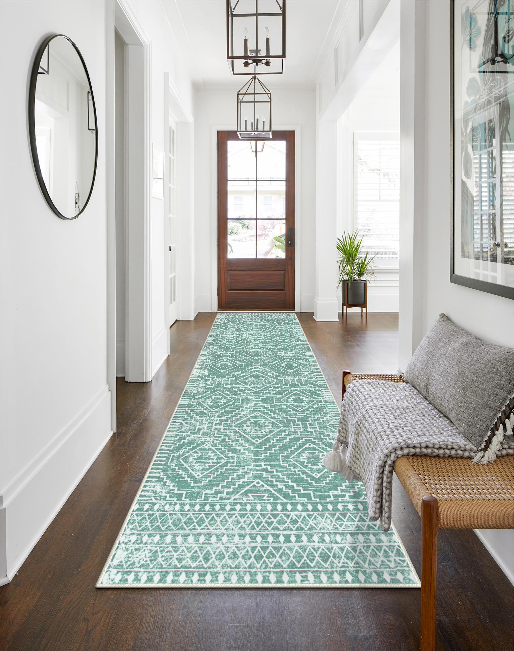 Wonnitar Moroccan Kitchen Runner Rug Washable Non-Slip, 2'6x10' Mint Green Hallway Rugs, Boho Long Runner Rug for Entryway, Low 