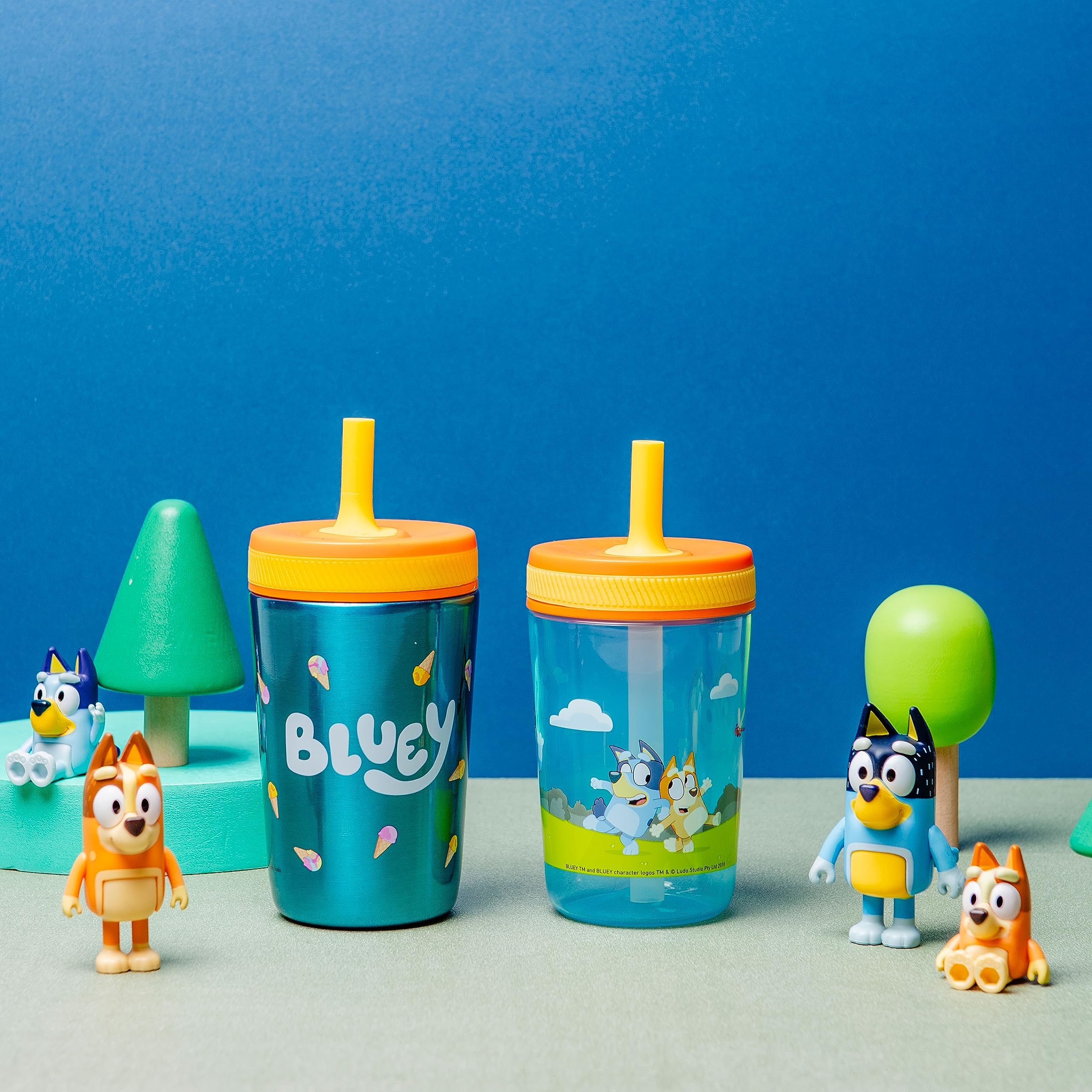 Zak Designs Bluey Kelso Tumbler Set, 15 Fl.Oz. Leak-Proof Screw-On Lid With Straw, Bundle For Kids Includes Plastic And Stainles