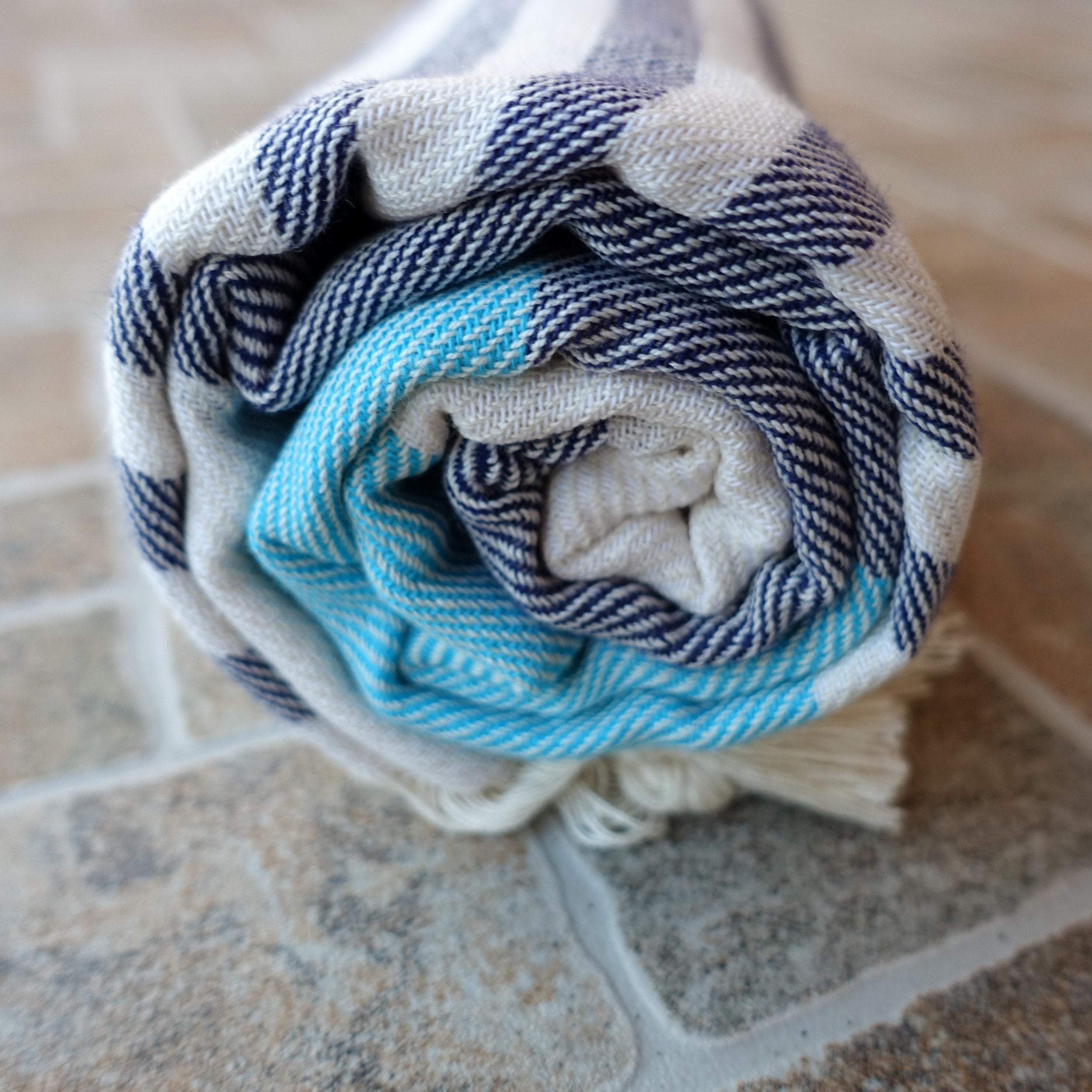 Dandelion - Palette Pattern - Naturally-Dyed Cotton Turkish Towel Peshtemal - 71X39 Inches - Dark Blue & Turquoise