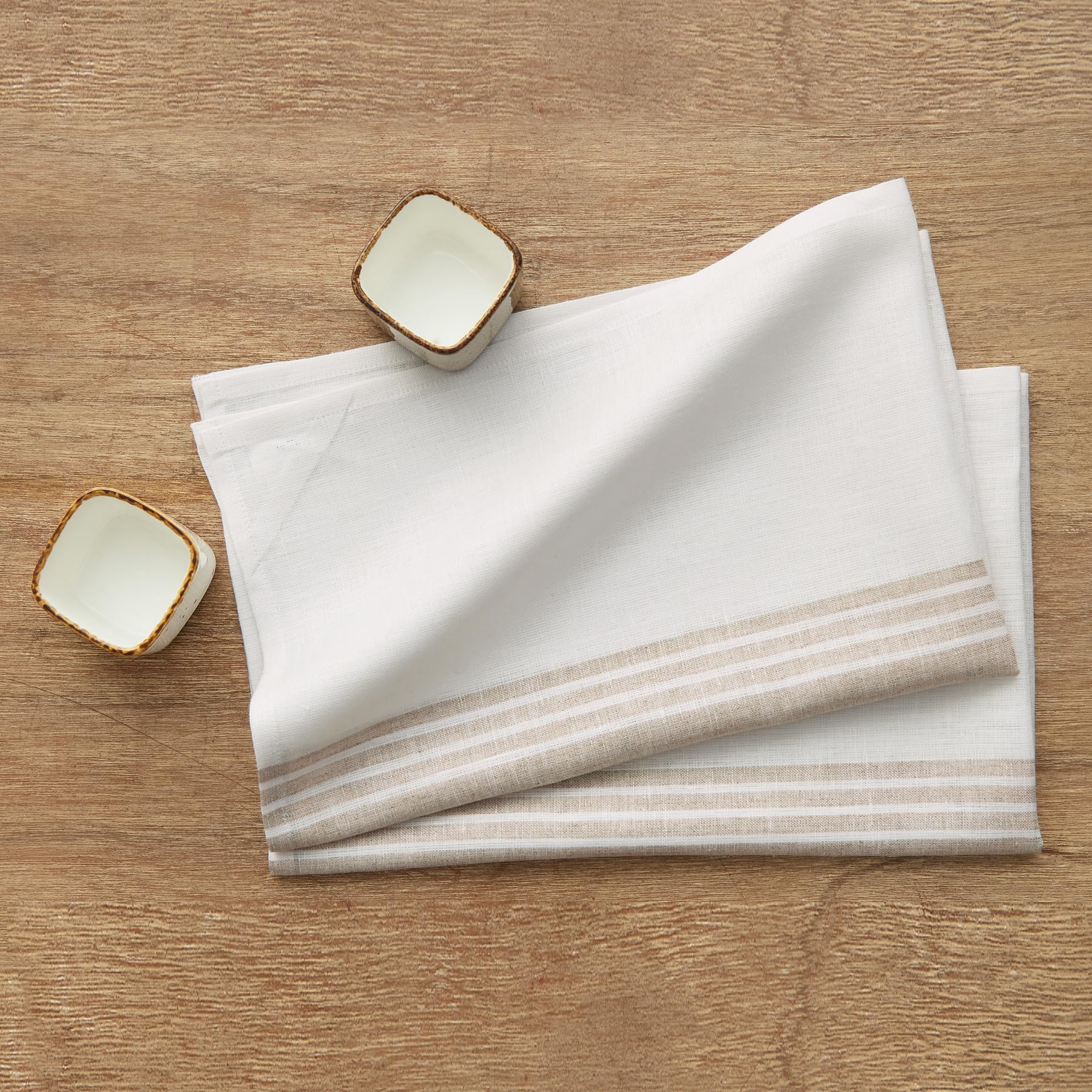 Solino Home Linen Kitchen Towels Set Of 2 - Natural And White 17 X 26 Inch - 100% Pure Linen Farmhouse Kitchen/Tea Towels- Machi