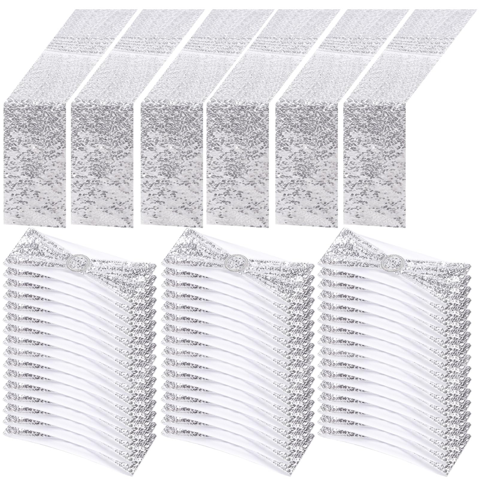Newwiee 54 Pcs Silver Sequin Chair Sashes and Table Runners, 48 Sequin Chair Bows, 6 Glitter Table Runners for Birthday Party We