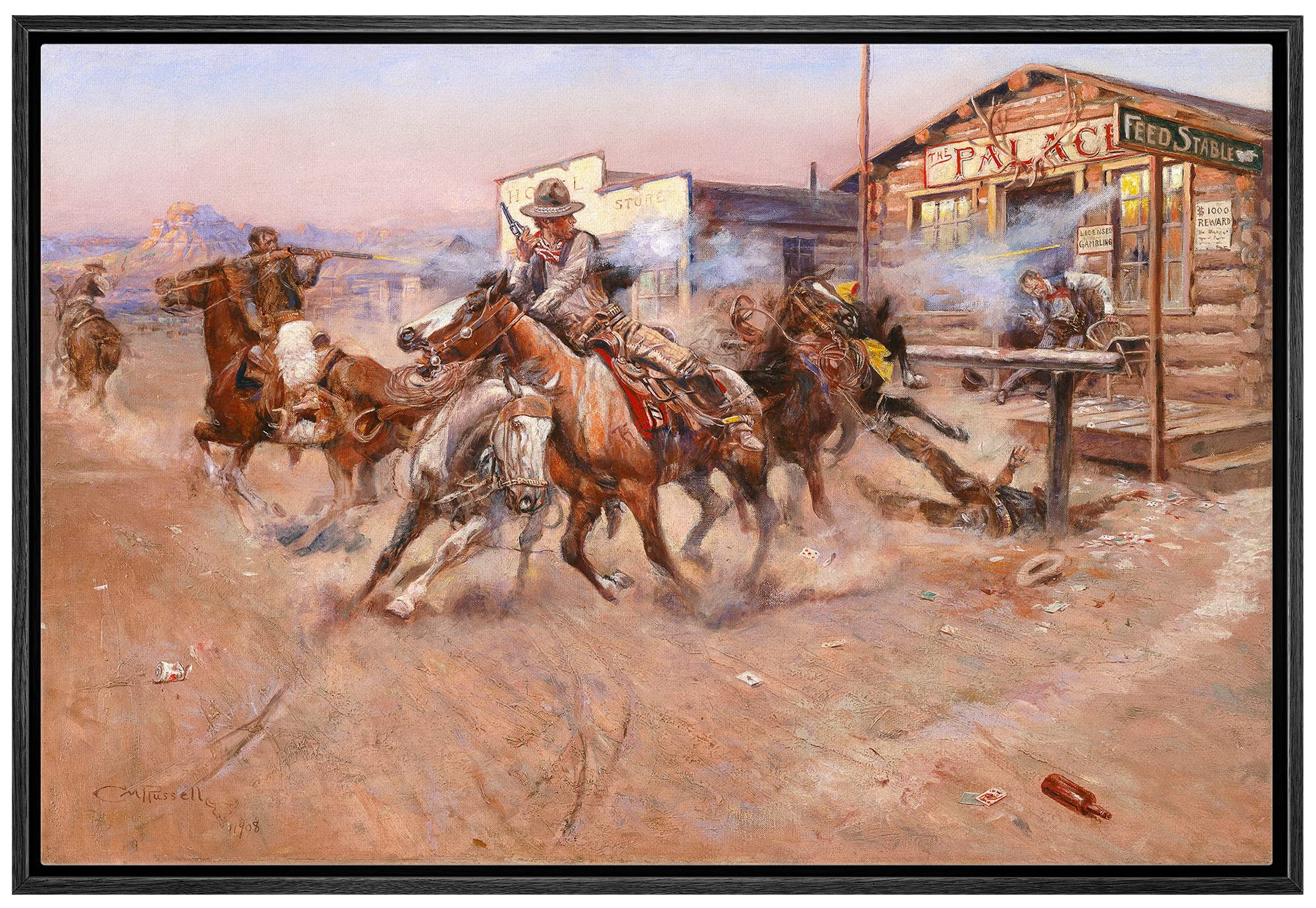 Wall26 - Smoke By Charles Marion Russell - Framed Canvas Print Wall Art Famous Painting Reproduction - 16''X24'' Black