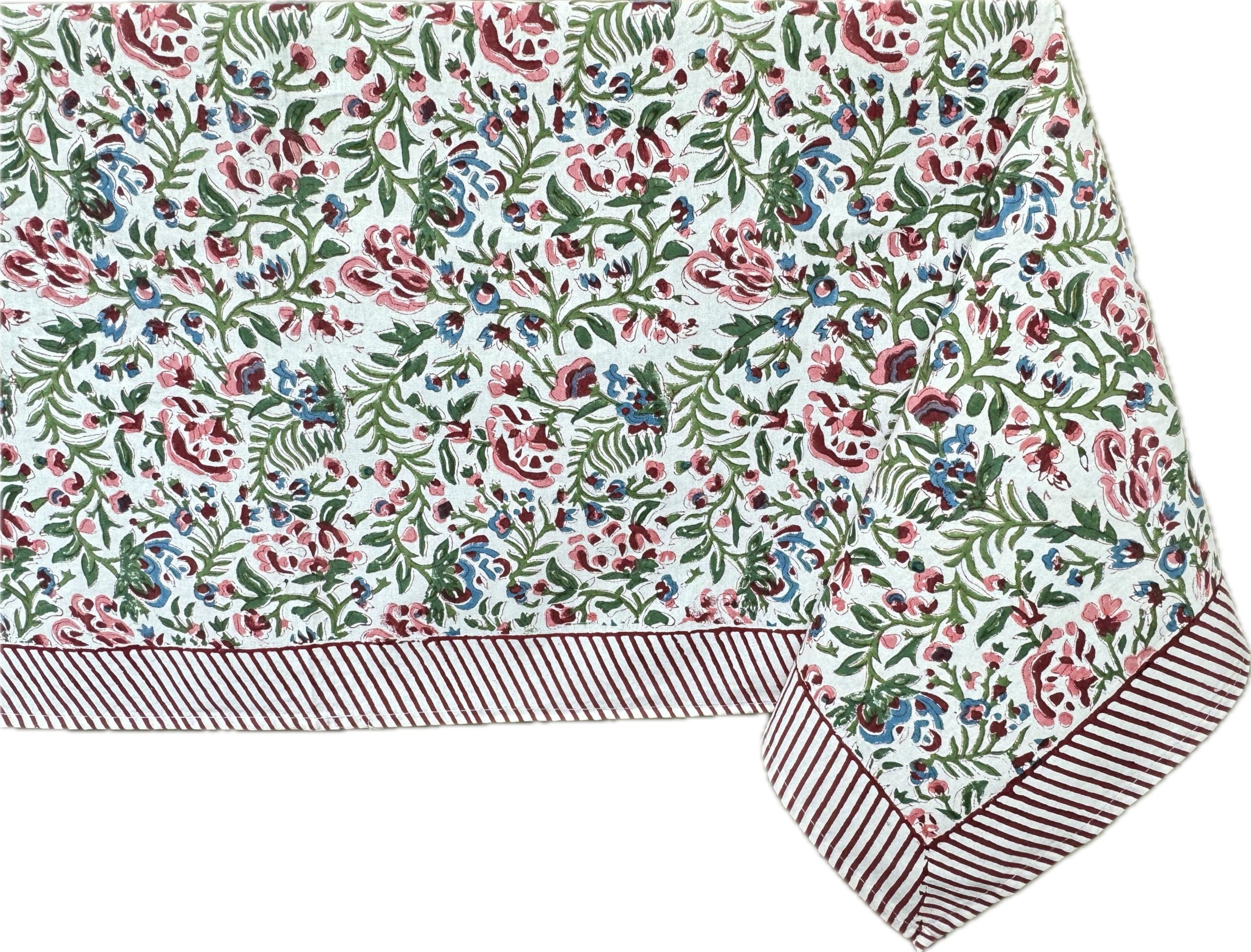 ATOSII Ambrosia 100% Cotton Square Boho Spring Summer Tablecloth, Handblock Floral Table Cloth Linen for Kitchen Dining Parties 