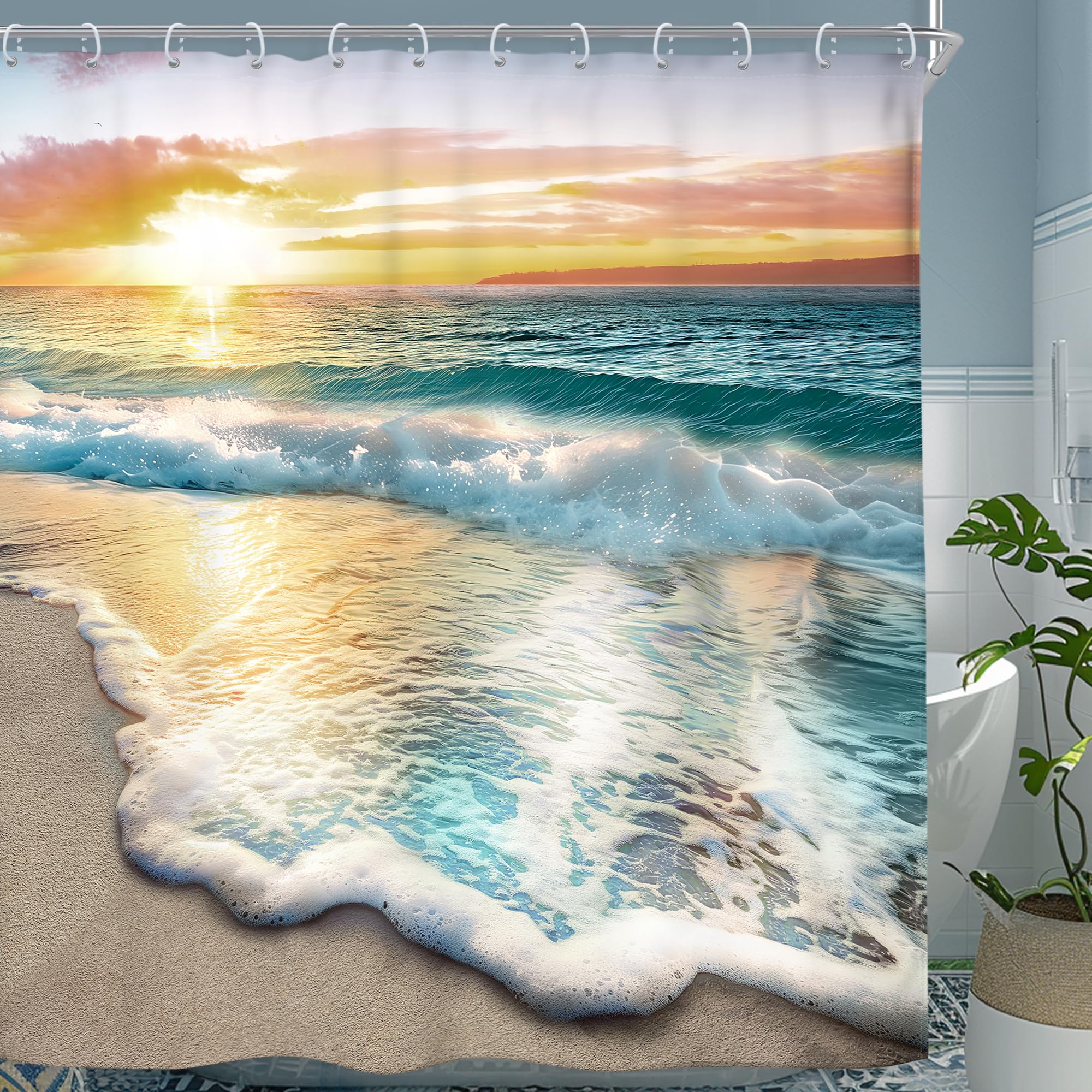 Riyidecor Beach Ocean Themed Cloth Fabric Decorative Shower Curtain Sets for Bathroom Sunrise Sunset View Scene 72x72 Inch Hawaii Seashore Summer Coastal Seaside Seascape 12 Hooks Waterproof BB-JWXP