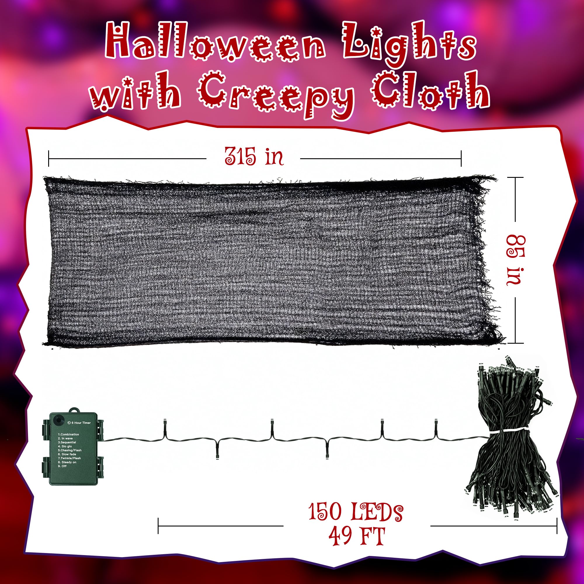 Ollny Halloween Lights 150LED 49FT, Orange and Purple String Lights with Creepy Cloth(315 x 85 in), Battery Operated Fairy Light