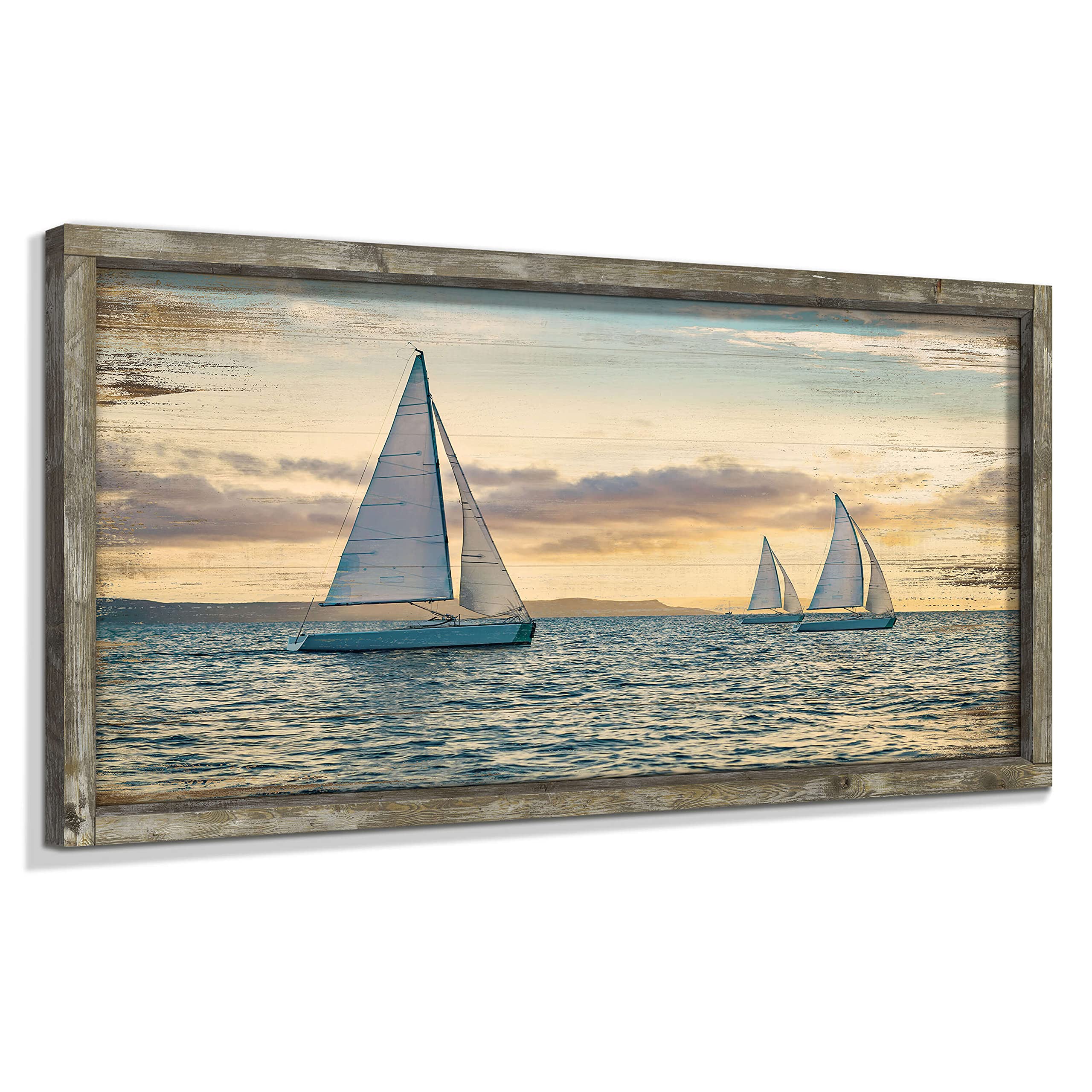 Ocean Framed Wooden Wall Art: Coastal Painting Art 40''X20'' Sail Boats Artwork Decor Sunset Seascape Picture Prints For Office