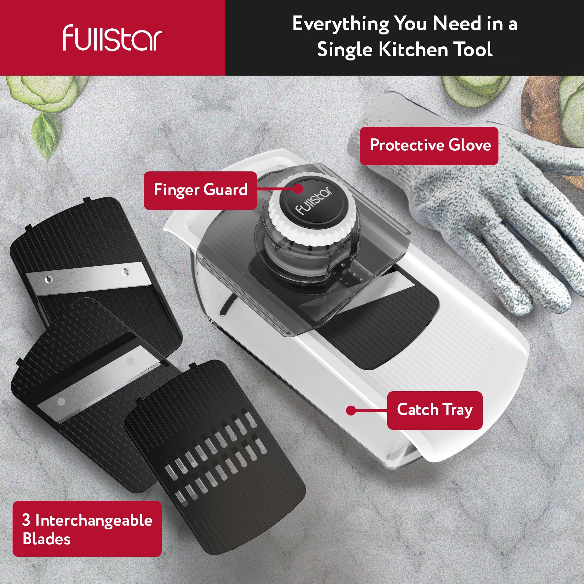 Fullstar Mandoline Slicer - 7 in 1 Kitchen Gadget, Stainless Steel, White, Fruit Cutter, Cheese Grater, Cucumber Slicer