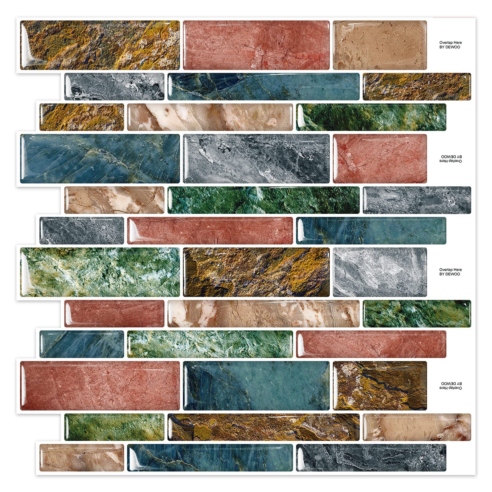 DEWOO Peel and Stick on Self Adhesive Backsplash Wall Marble Tiles Stickers 3D for Kitchen Bathroom,Colorful (10-Sheet, 12  12)