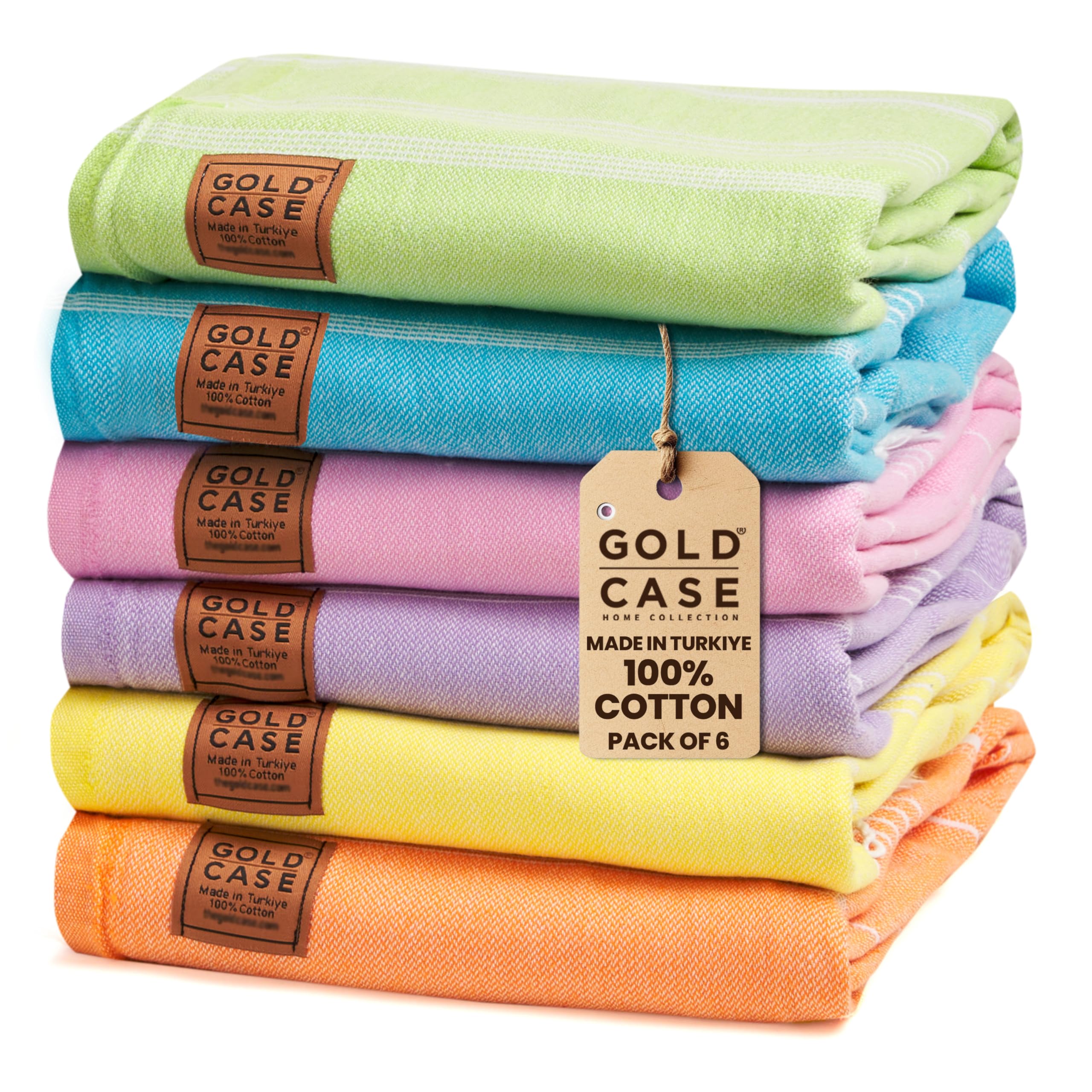 Gold Case Turkish Beach Towel Set Of 6-100% Cotton Beach Towels Oversized 70 X 38''- Lycia Extra Large Beach Towels - Quick Dry