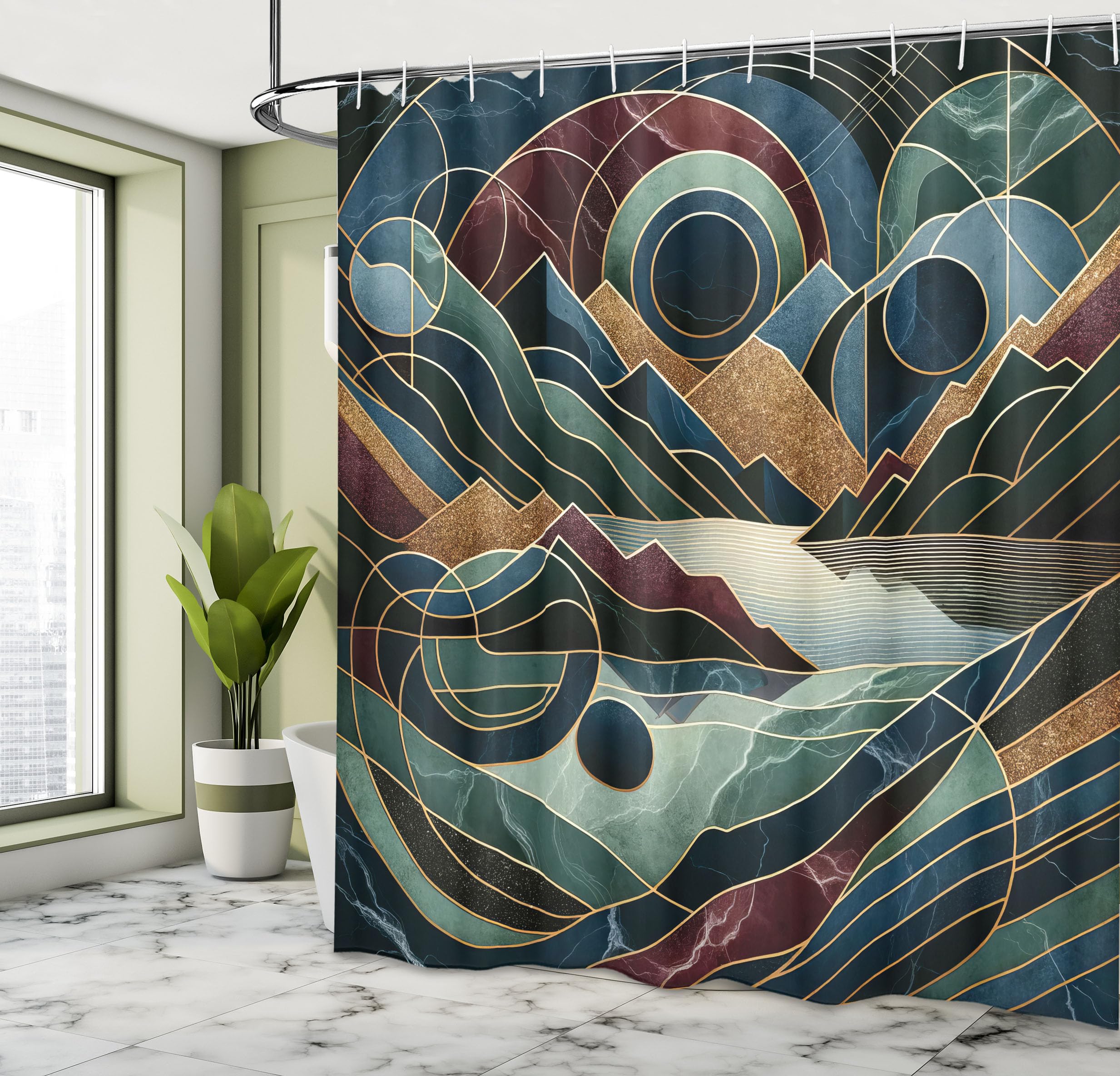 Ambesonne Lake Shower Curtain, Geometric Lines Mountains With Fibonacci Details Modern Minimalist Boho, Cloth Fabric Bathroom De