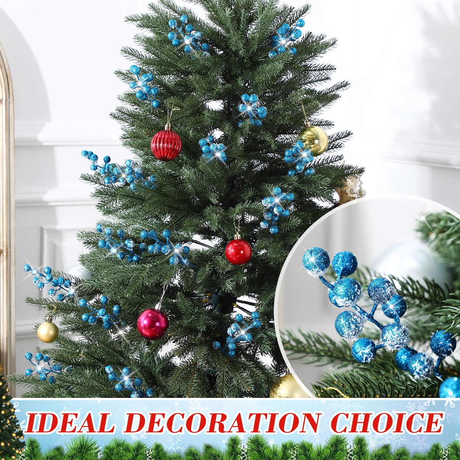 Geosar 30 Pieces Artificial Christmas Berry Picks with Snowflake Glitter Artificial Holly Berry Stems for Christmas Tree Ornamen