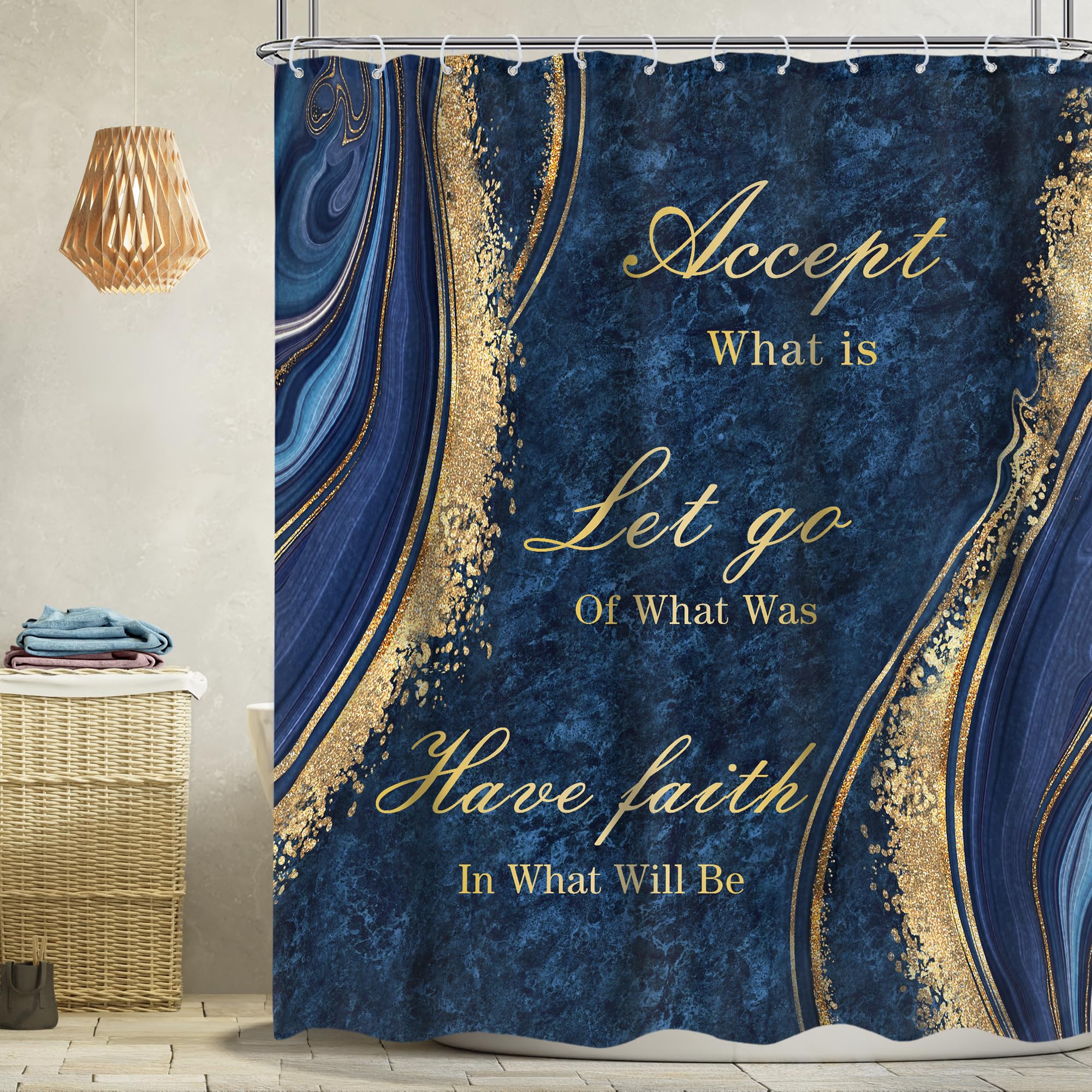 Omifly Navy Blue Marble Shower Curtain 60Wx72H Inch Inspirational Quotes Abstract Gold Veins Modern Luxury Aesthetic Fluid Ink T