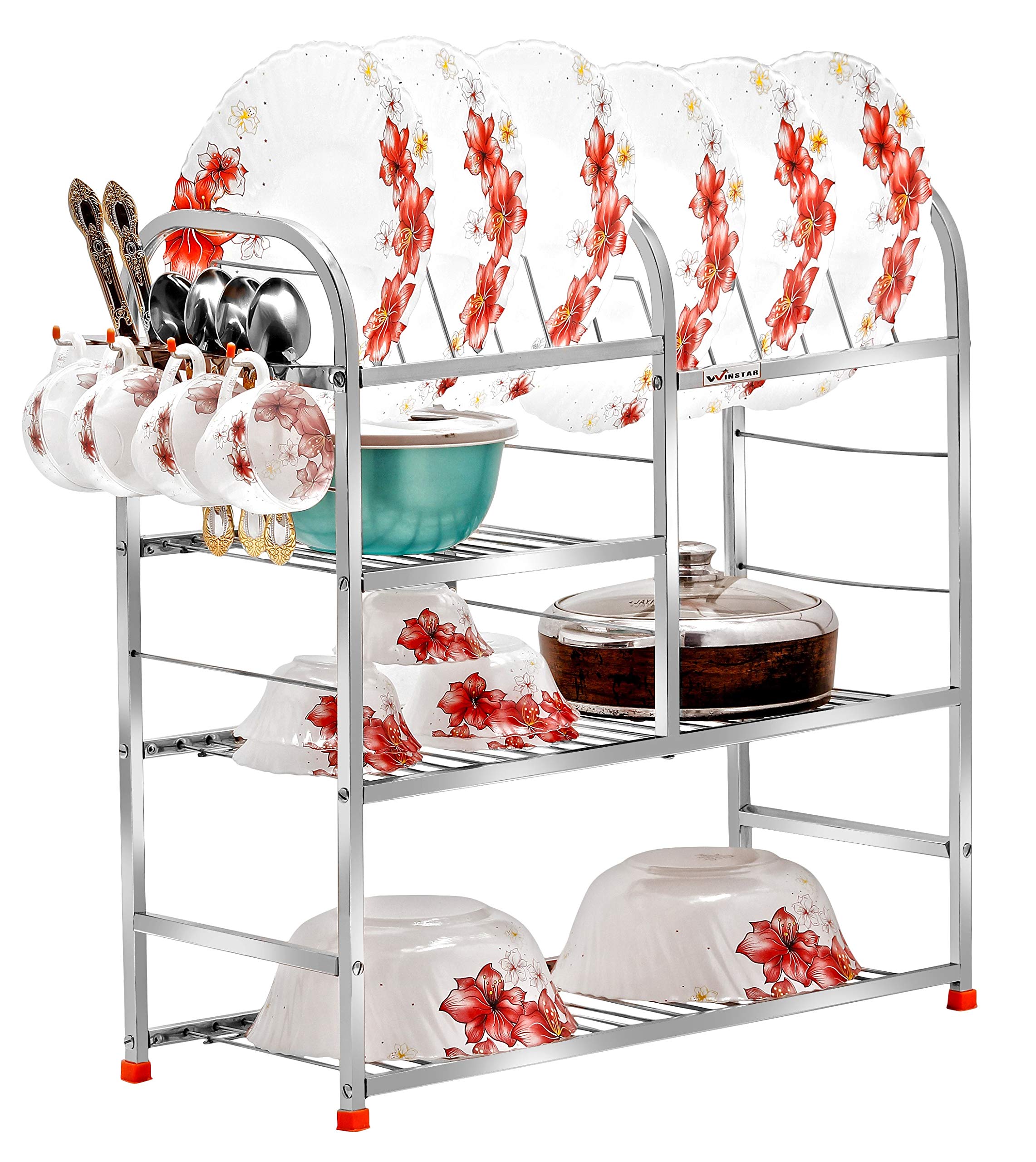 Winstar Stainless Steel 4 Shelf Wall Mount Kitchen Racks | Dish Rack With Plate Stand, Cutlery Holder & Glass Holder | Kitchen O