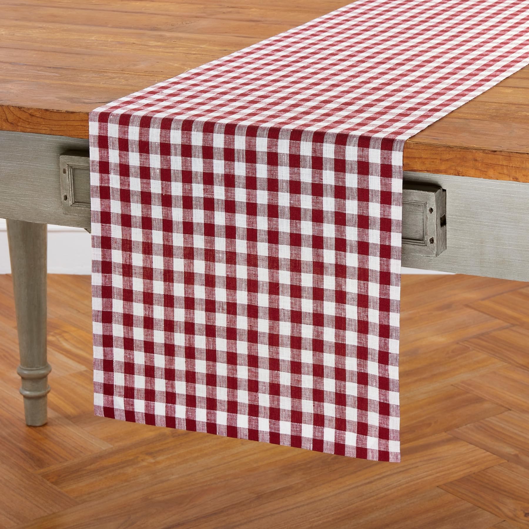 Solino Home Check Linen Table Runner 108 Inches Long - 100% Pure Linen Burgundy Plaid Table Runner 14 X 108 Inch Ideal For Weddi
