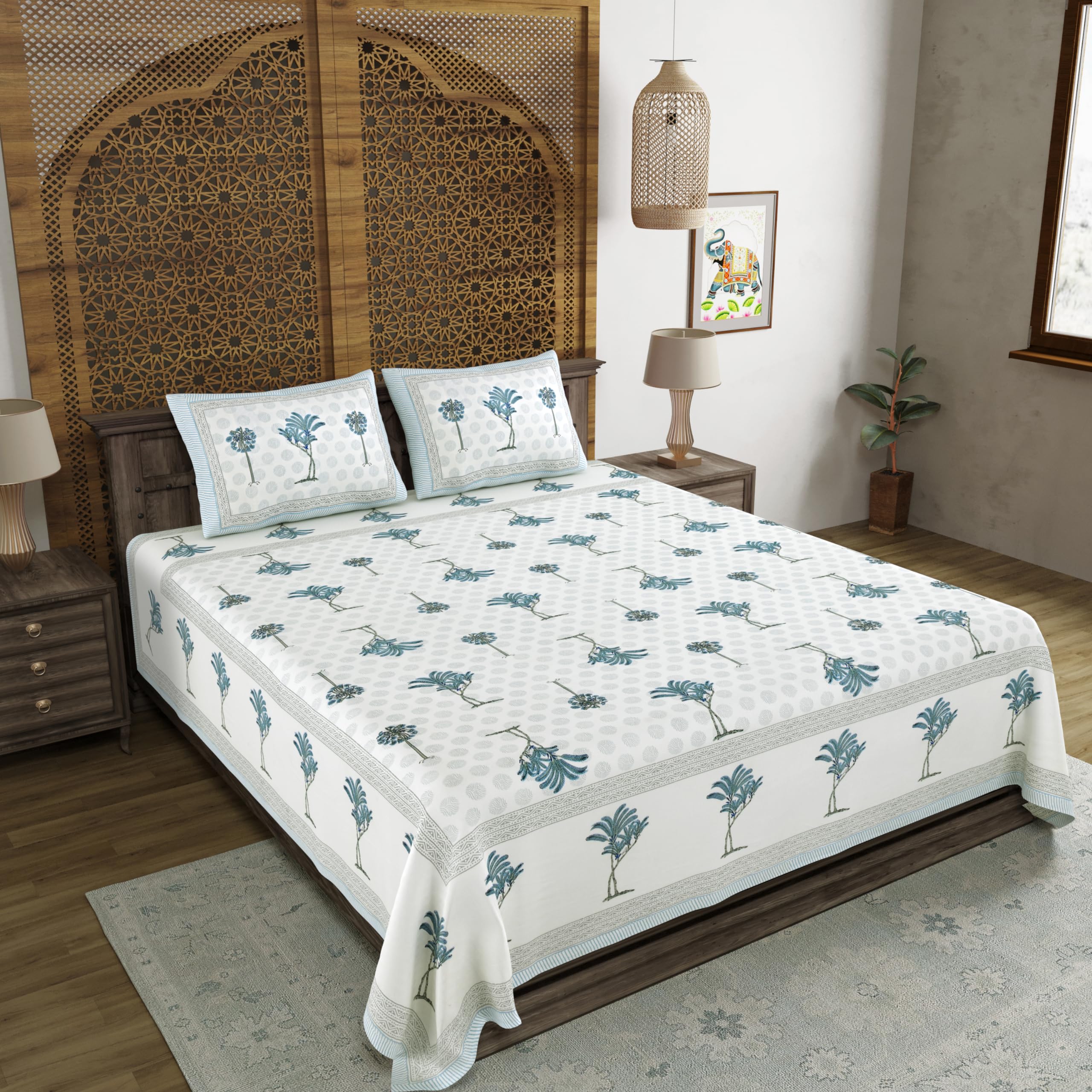 Blocks Of India Hand Block Printed 200 Tc Cotton Super King Size Bedsheet(106 X 106) (Grey Tree)