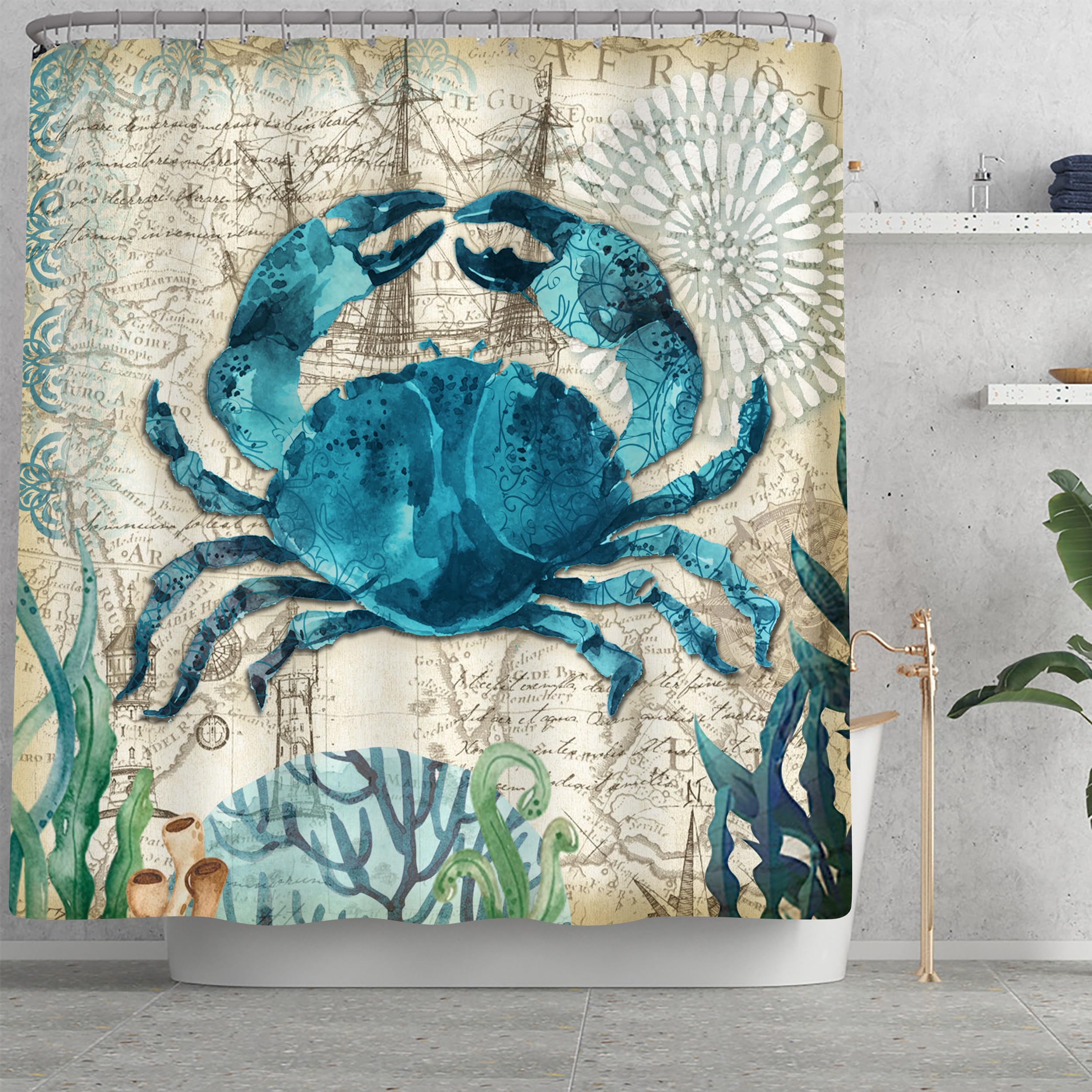 Planially 4Pcs Sea Crab Waterproof Shower Curtain Sets,Ocean Bathroom Sets With Shower Curtain, Toilet Lid Rug, Contour Mat And