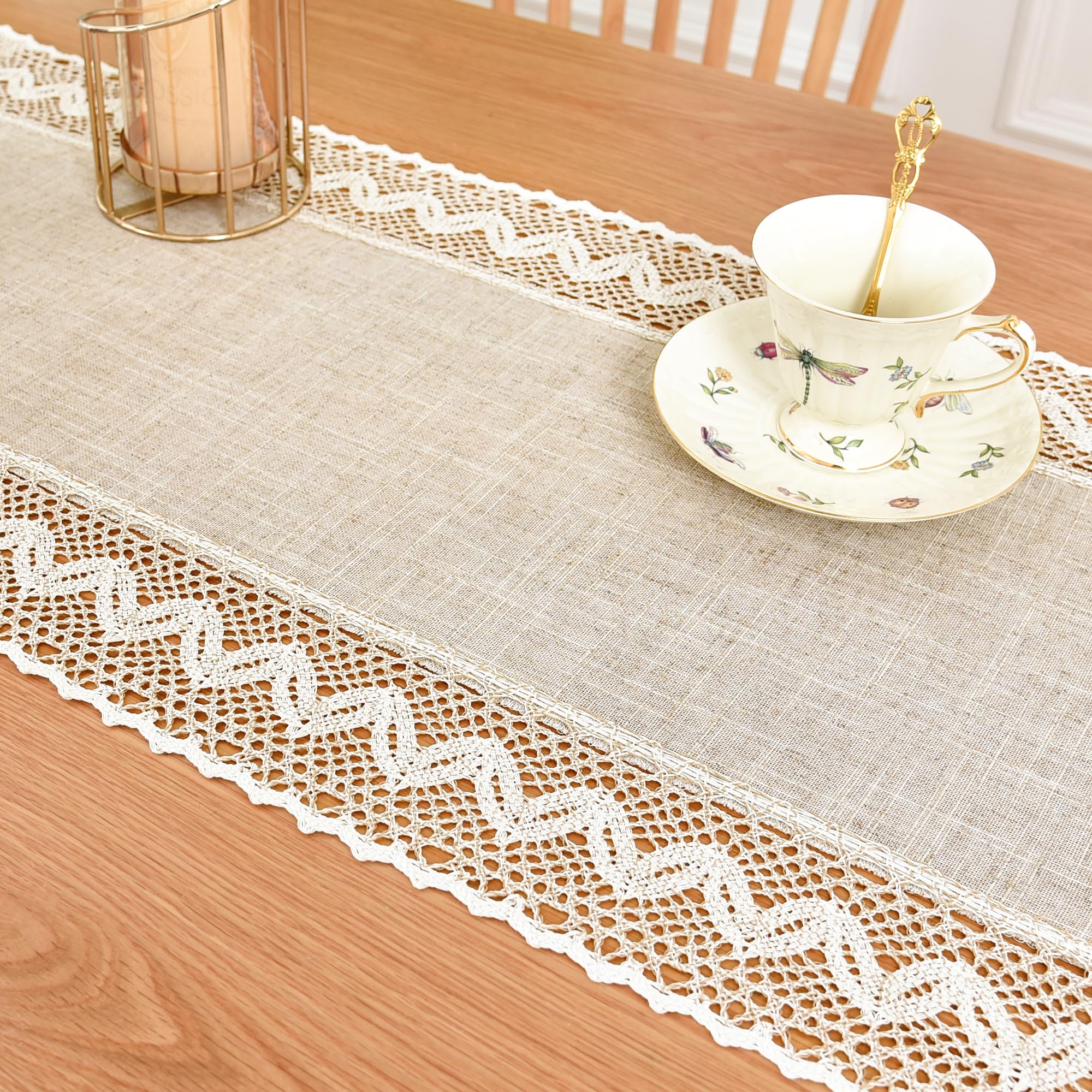 Linen Rustic Farmhouse Style Short Table Runner Beige Lace Basic Flax Dresser Scarf 36 Inch