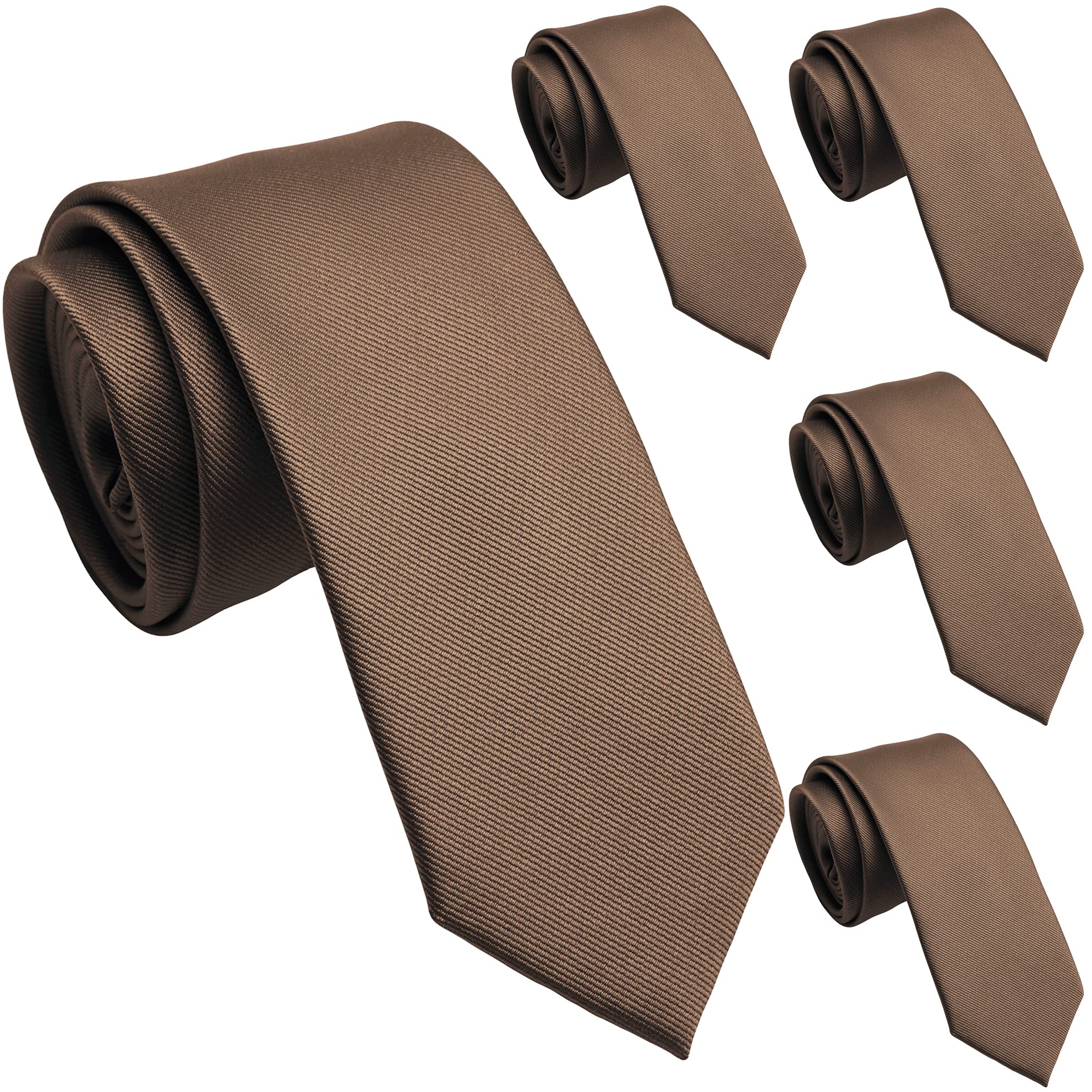 Zenxus Solid Skinny Ties For Men, 25 Inch Slim Coco Brown Ties Bulk For Wedding And Activities, 5-Pack