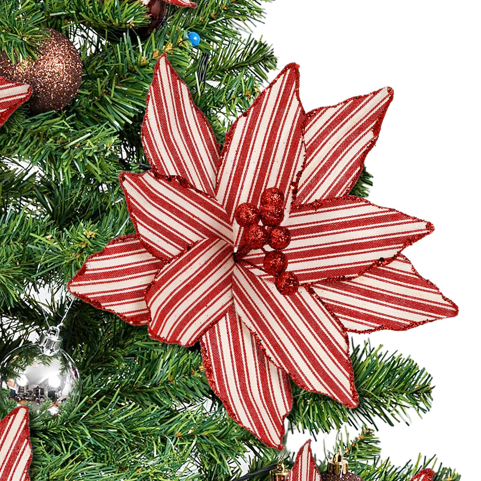 Soulchen 12 Pcs 12 Red and White Christmas Poinsettia Candy Cane Poinsettia Christmas Tree Ornaments Peppermint Flower Tree wi