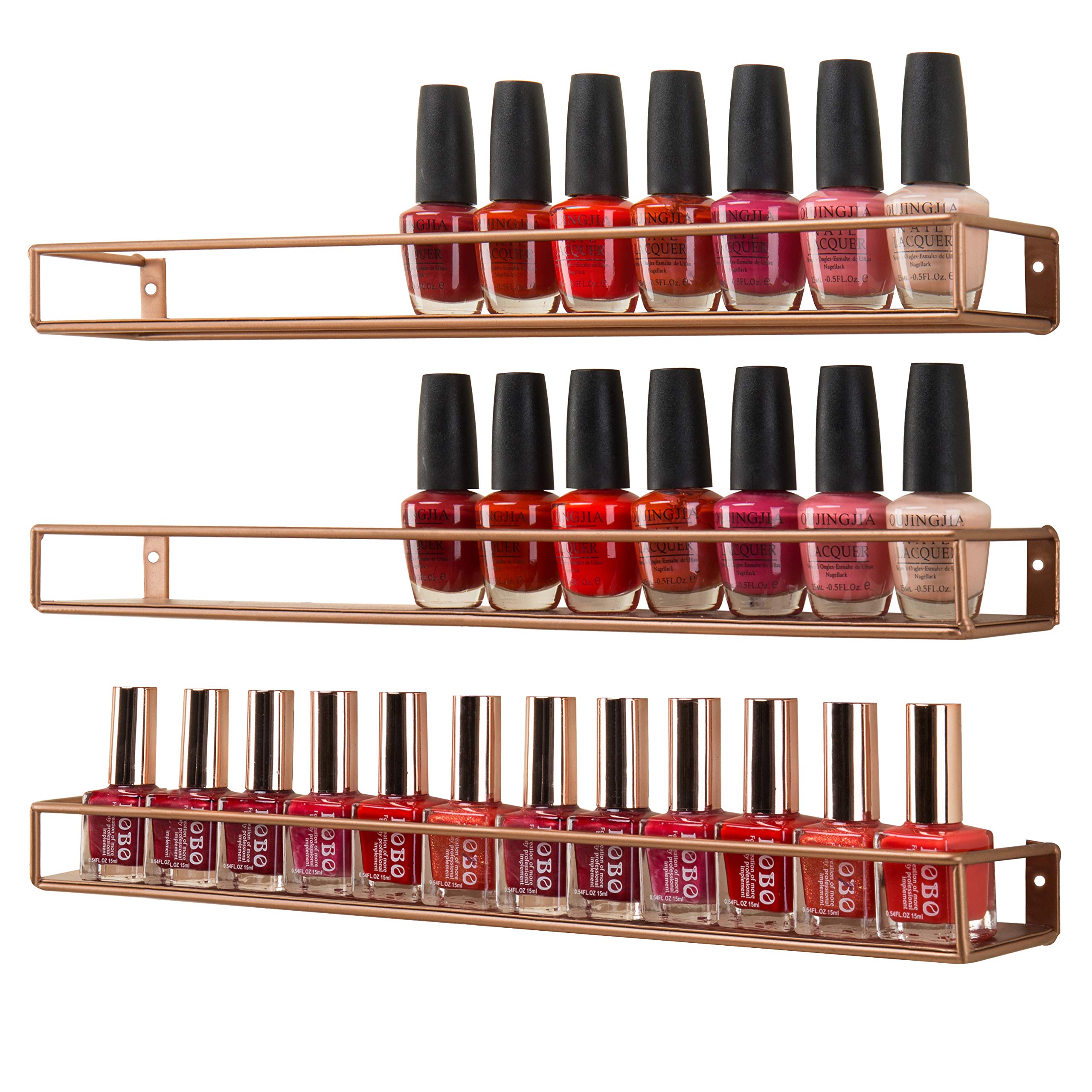 MyGift Set of 3 Wall-Mounted Black Metal Nail Polish and Essential Oils Display Shelves, Kitchen Spice Jars Rack