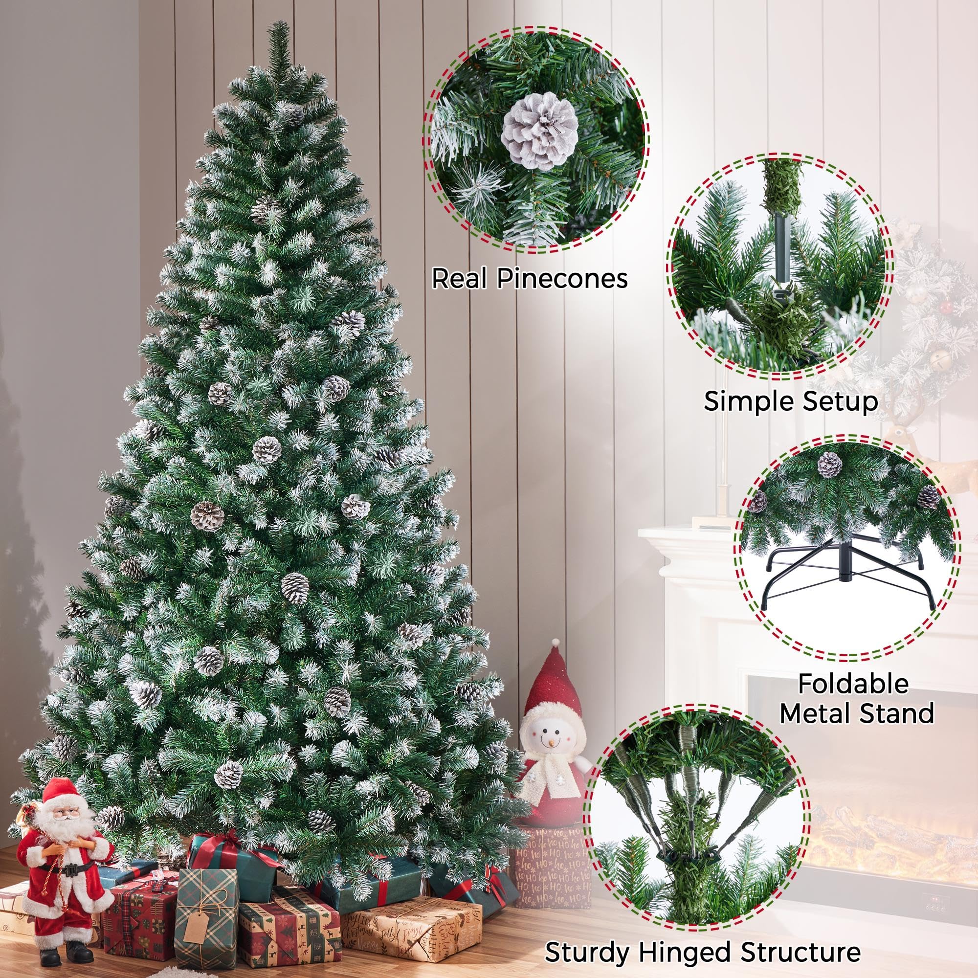 Yaheetech 7.5ft Artificial Christmas Tree, Snow Flocked Christmas Tree w/82 Pinecones, 1346 Frosted Tips, Pre-Decorated Tree for