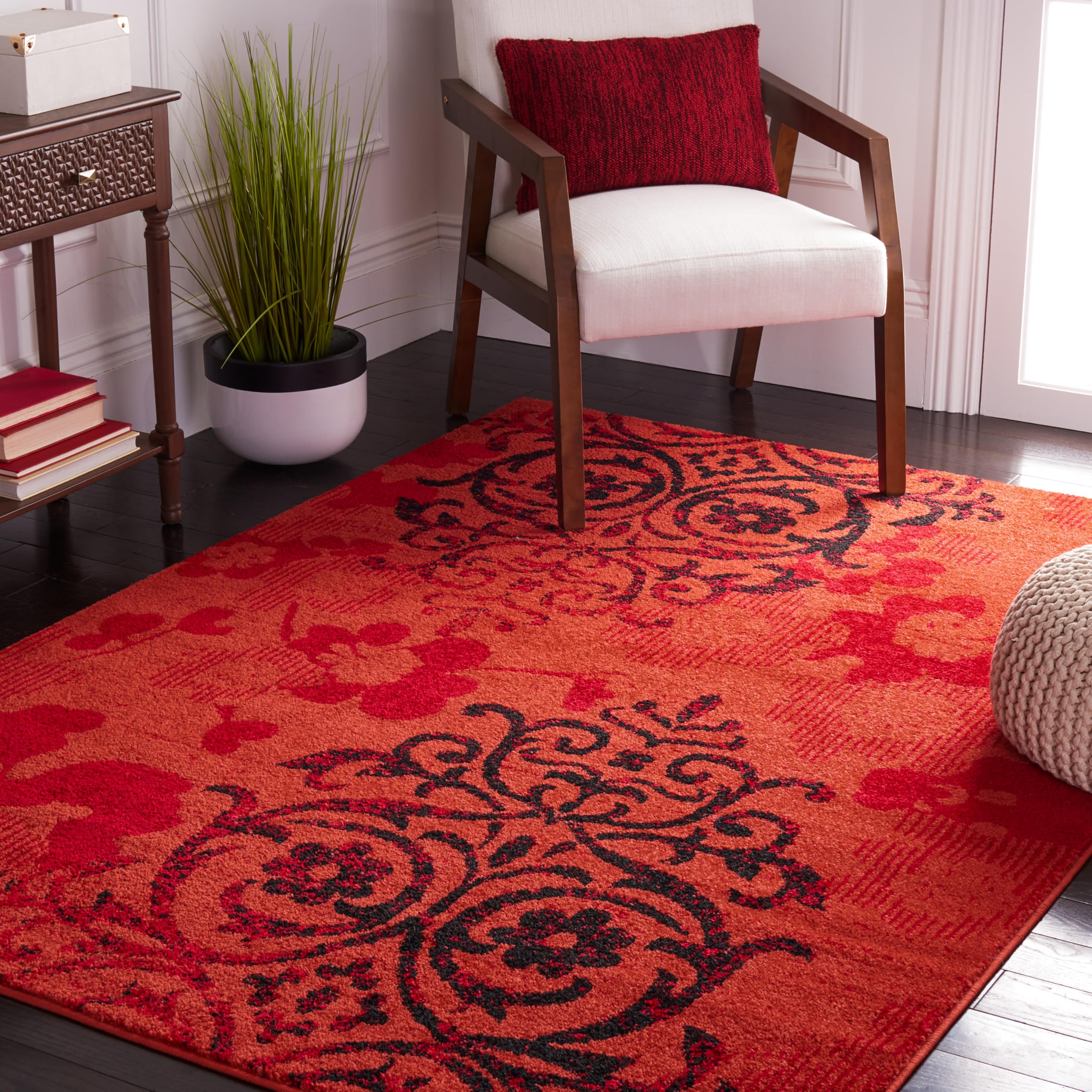 SAFAVIEH Adirondack Collection Area Rug - 55 x 77, Red & Black, Floral Glam Damask Distressed Design, Non-Shedding & Easy Care