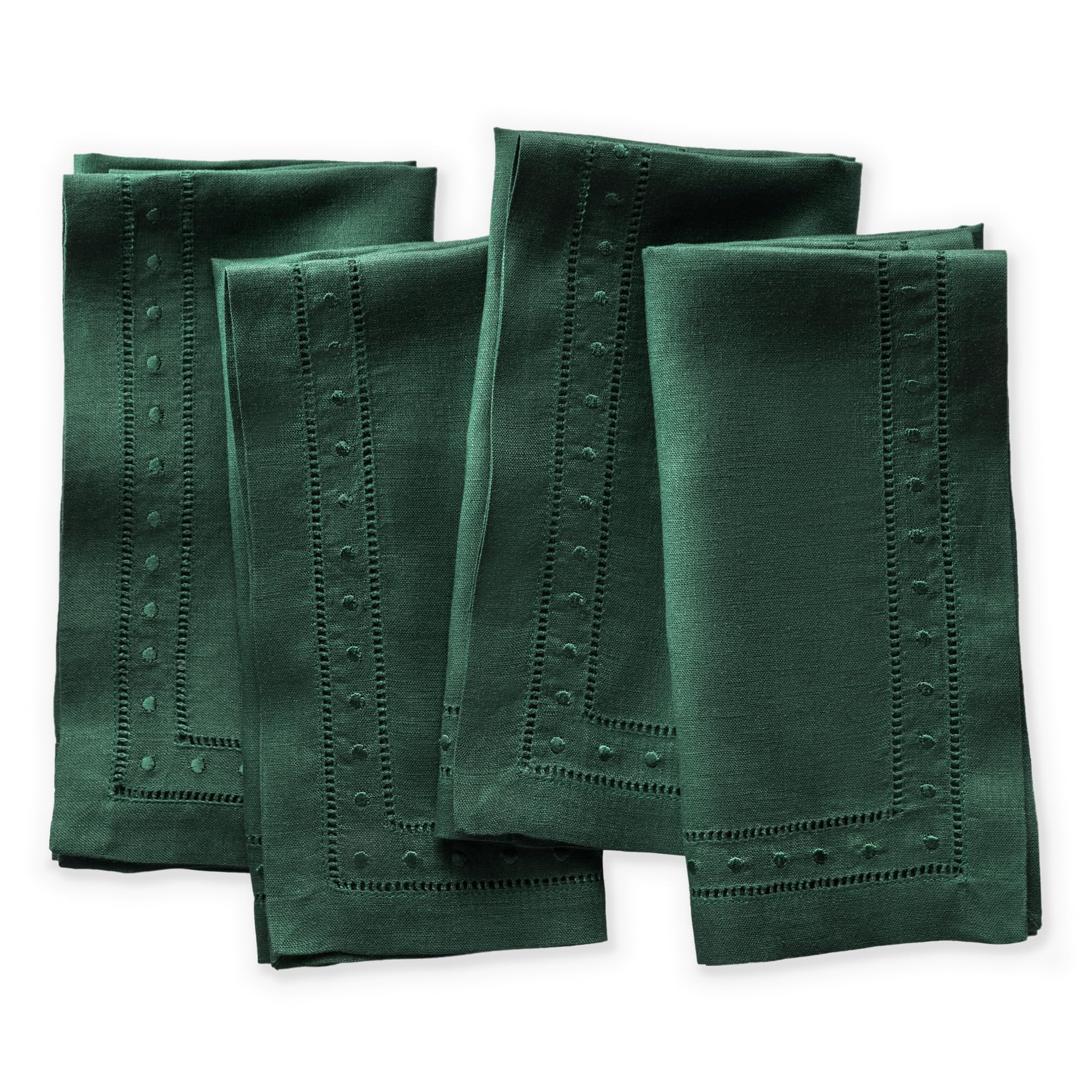 Linen Napkins Set Of 4-100% Pure Linen Forest Green Embroidered Dinner Napkins 18 X 18 Inch - Classic Hemstitch Cloth Napkins Wa