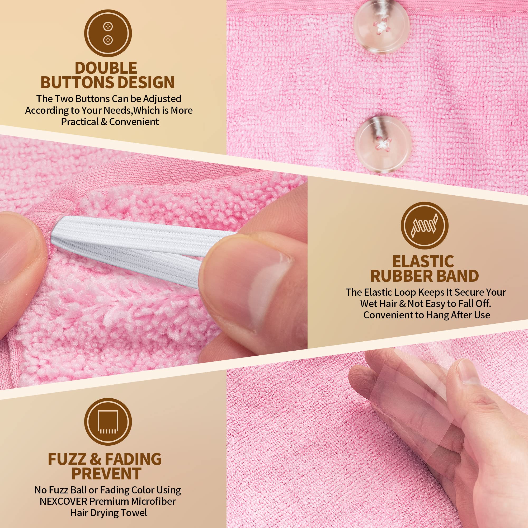 NEXCOVER Hair Towel Microfiber, 2 Pack Pink 9.8 inch X 25.5 inch Hair Wrap,Ultra Absorbent Hair Turbans,Fast Drying Head Towels