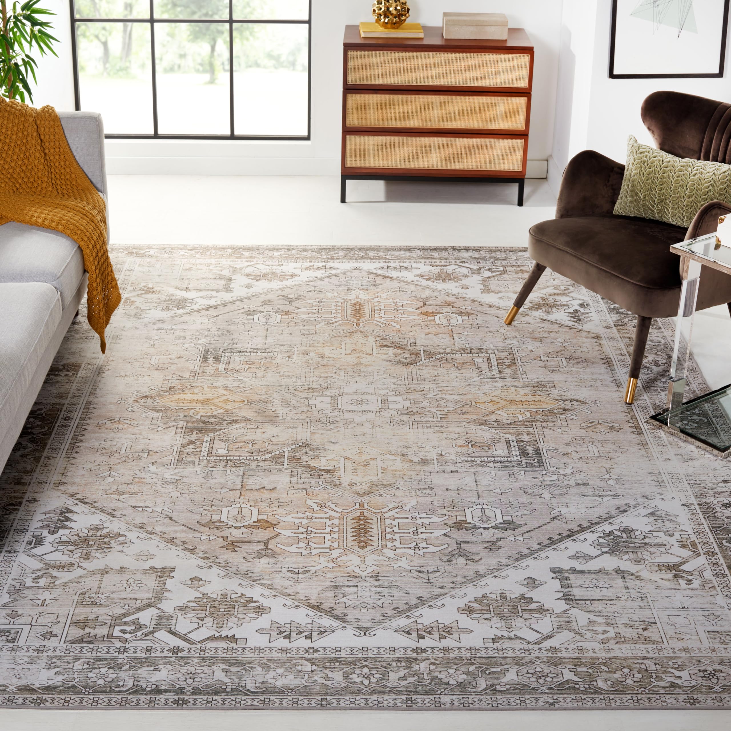SAFAVIEH Washable Rug Tucson Collection - 10 Square, Beige & Grey, Slip Resistant, Ideal for High Traffic Areas in Living Room,