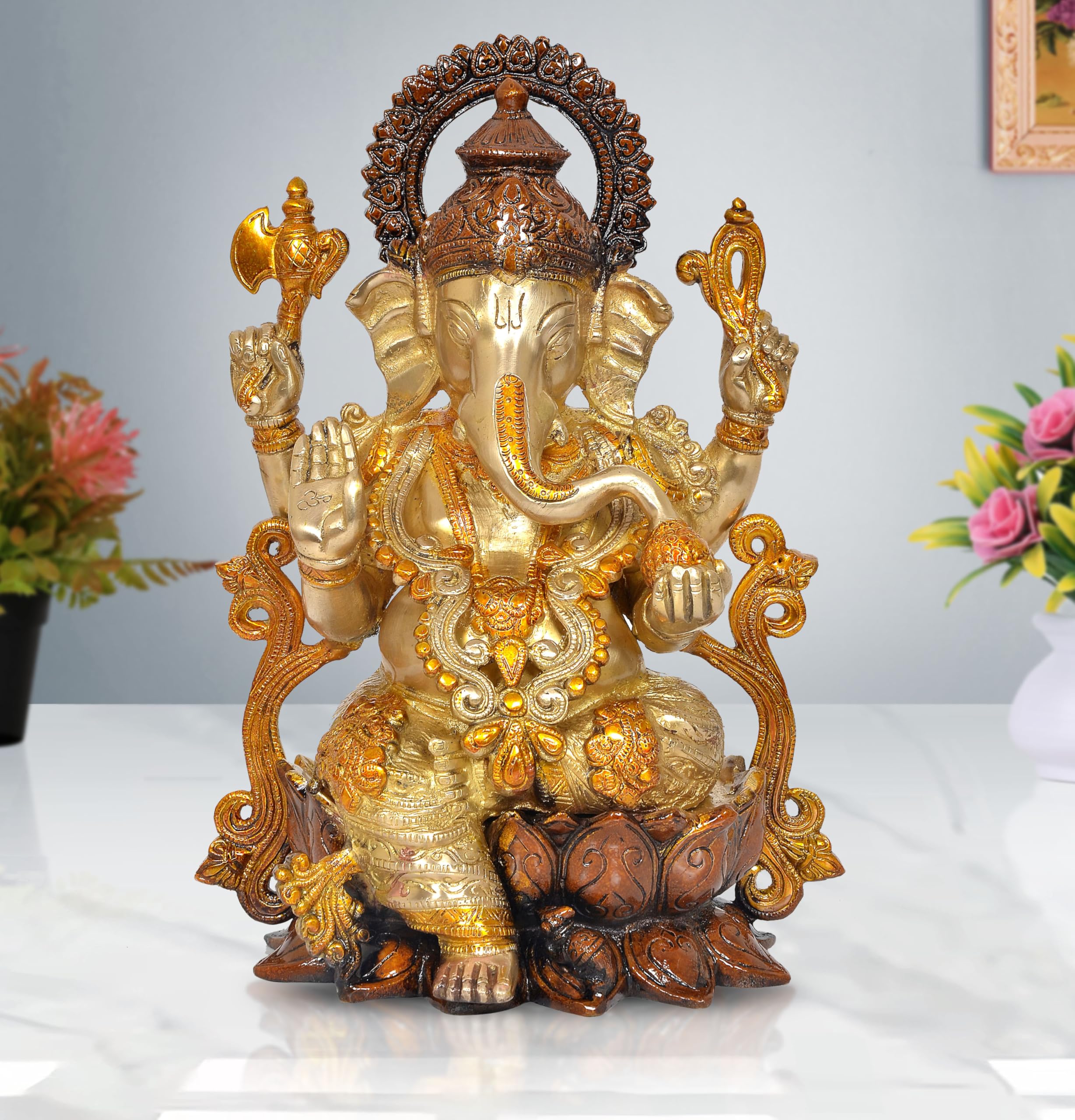 Aona Brass Ganesha Ganesh Statue Idol Murti For Mandir Temple, Height : 13 Inch