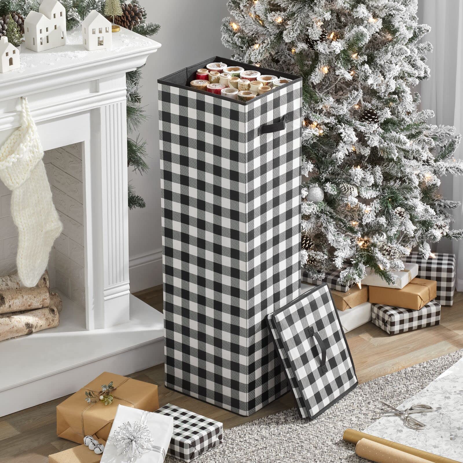 mDesign Tall Gift-Wrapping Paper Storage Box with Handles - Upright Christmas Gift Wrap Storage Organizer with Removable Lid - Wrapping Paper Container Bin for Long Rolls - Buffalo Plaid  Black/White