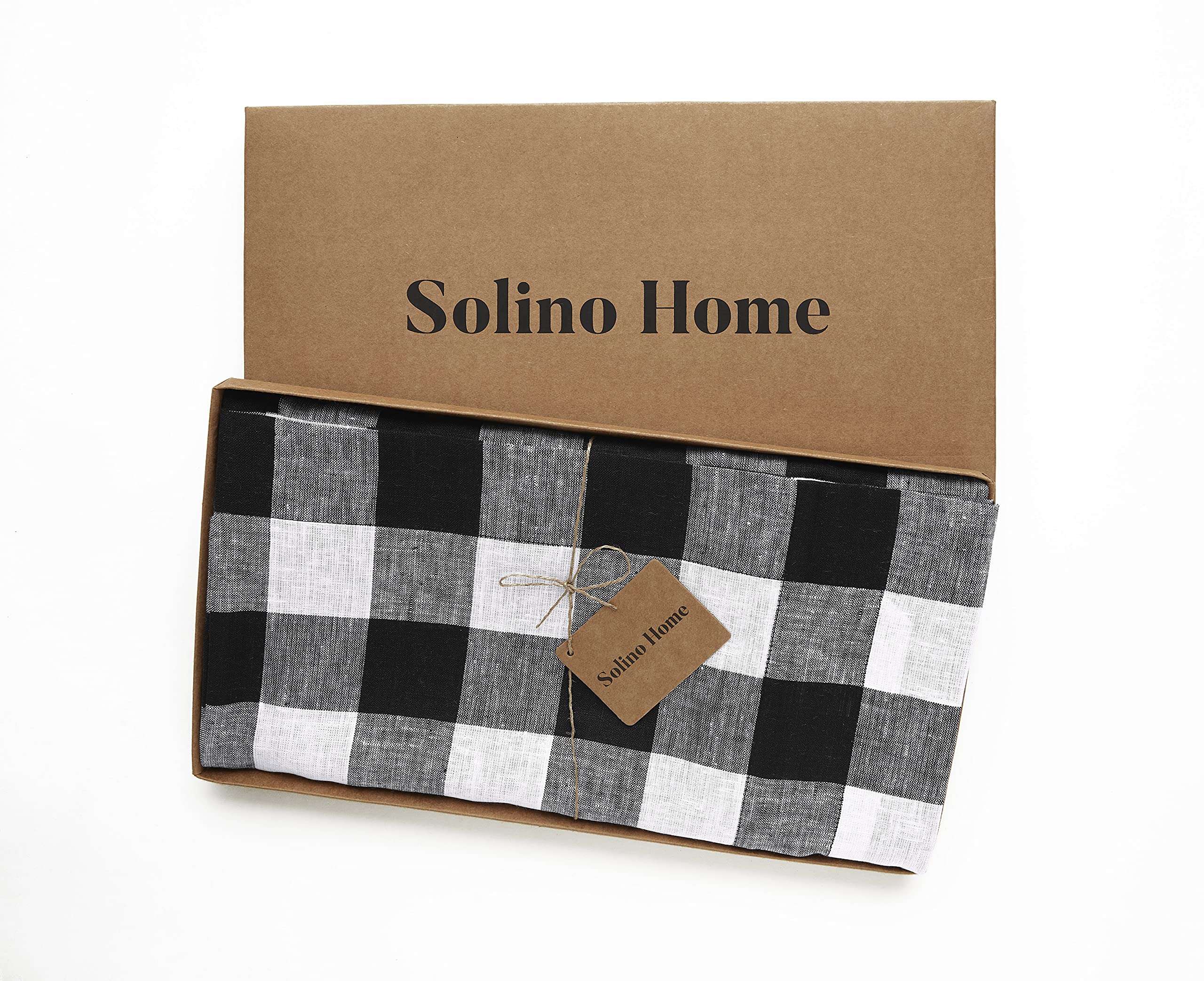 Solino Home Buffalo Check Linen Tablecloth 108 ''L X 60 ''W Inch - 100% Pure Linen Black And White Table Cloth For Rectangle Tab